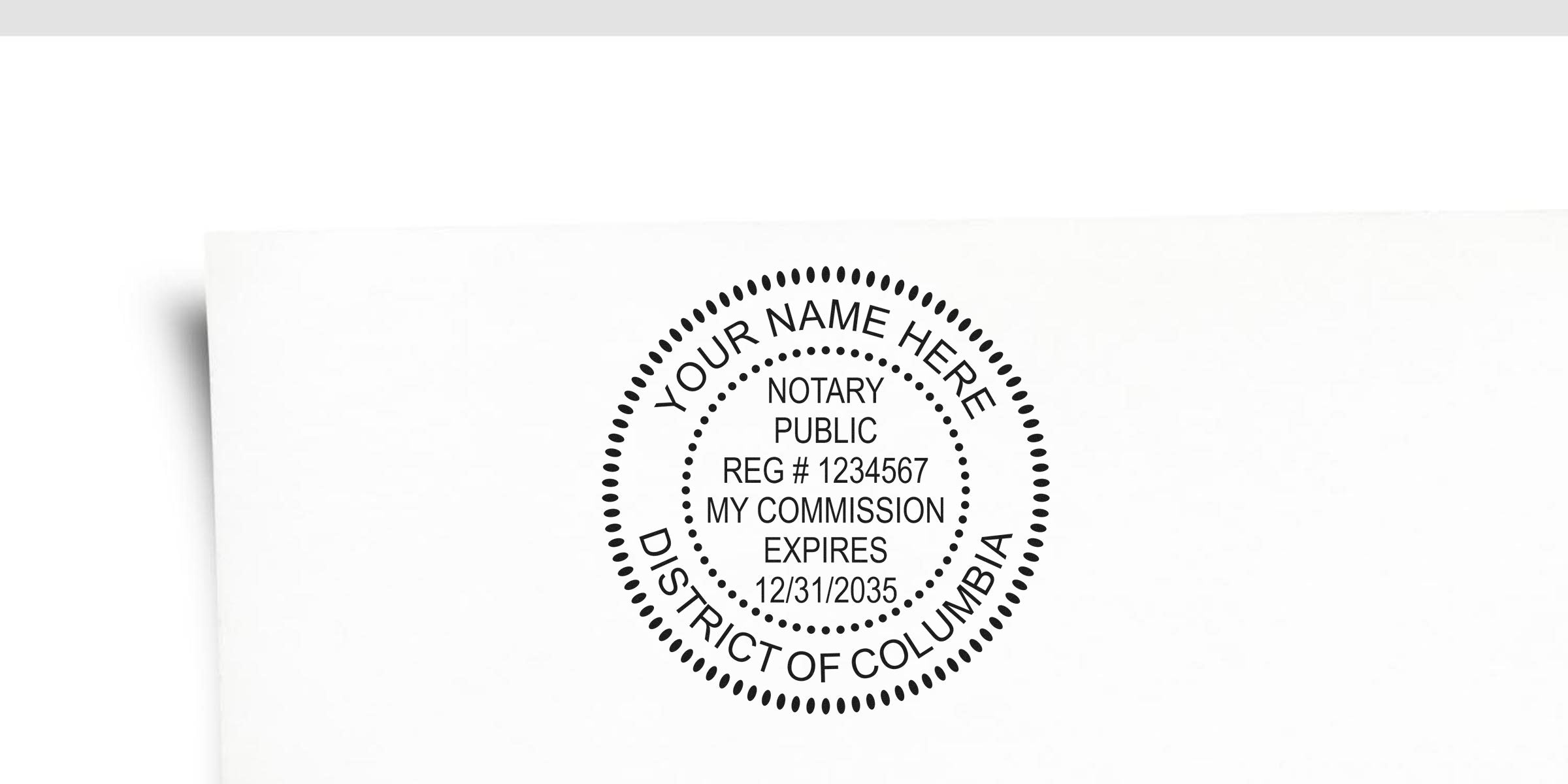 Black circular notary public seal stamp mockup reading "Your Name Here", District of Columbia, reg# 1234567, commission expires 12/31/2035 — customizable notary stamp image
