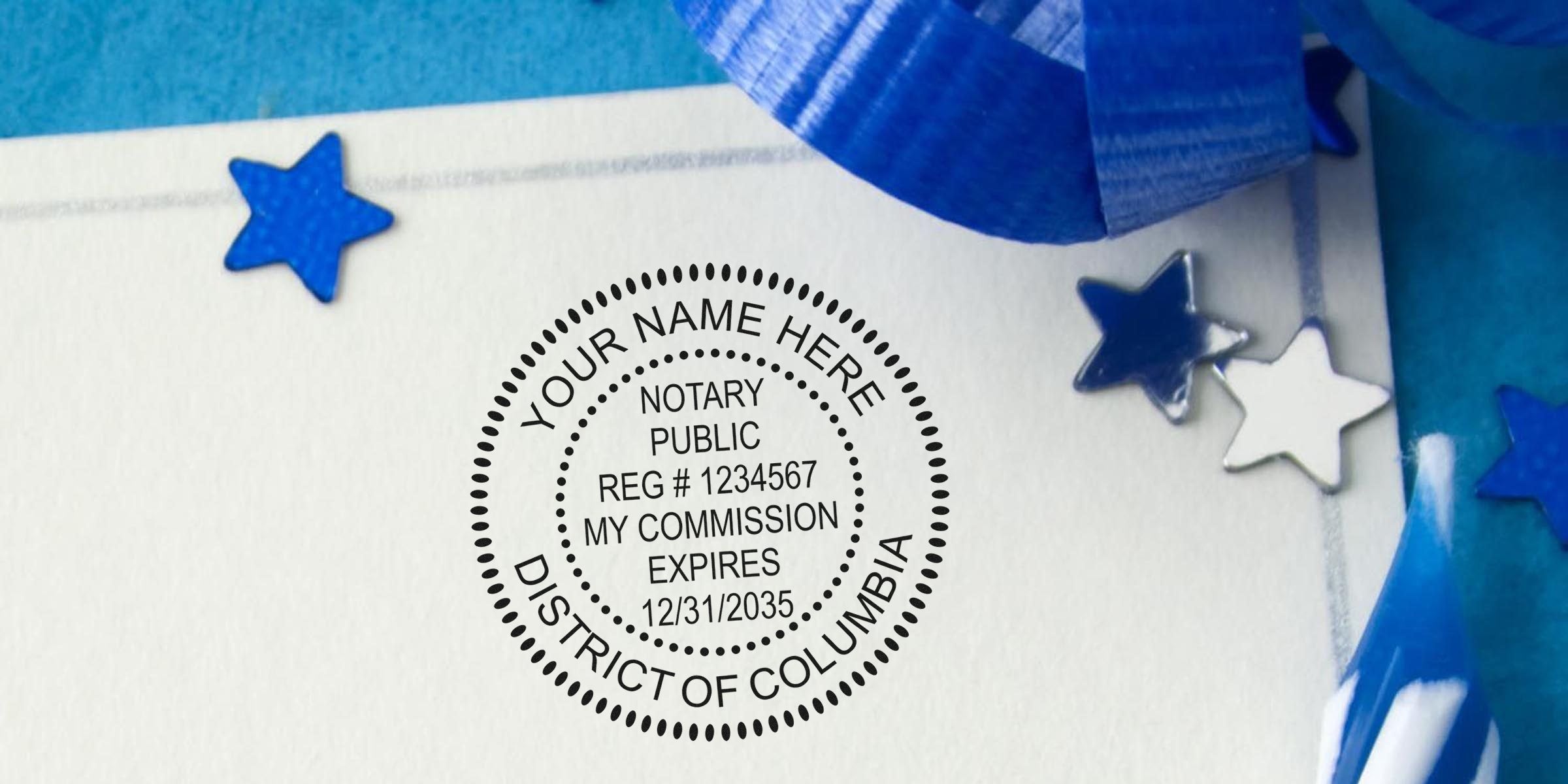 Notary public rubber stamp mockup on white paper reading "Your Name Here, Notary Public, District of Columbia" surrounded by blue star confetti and blue ribbon