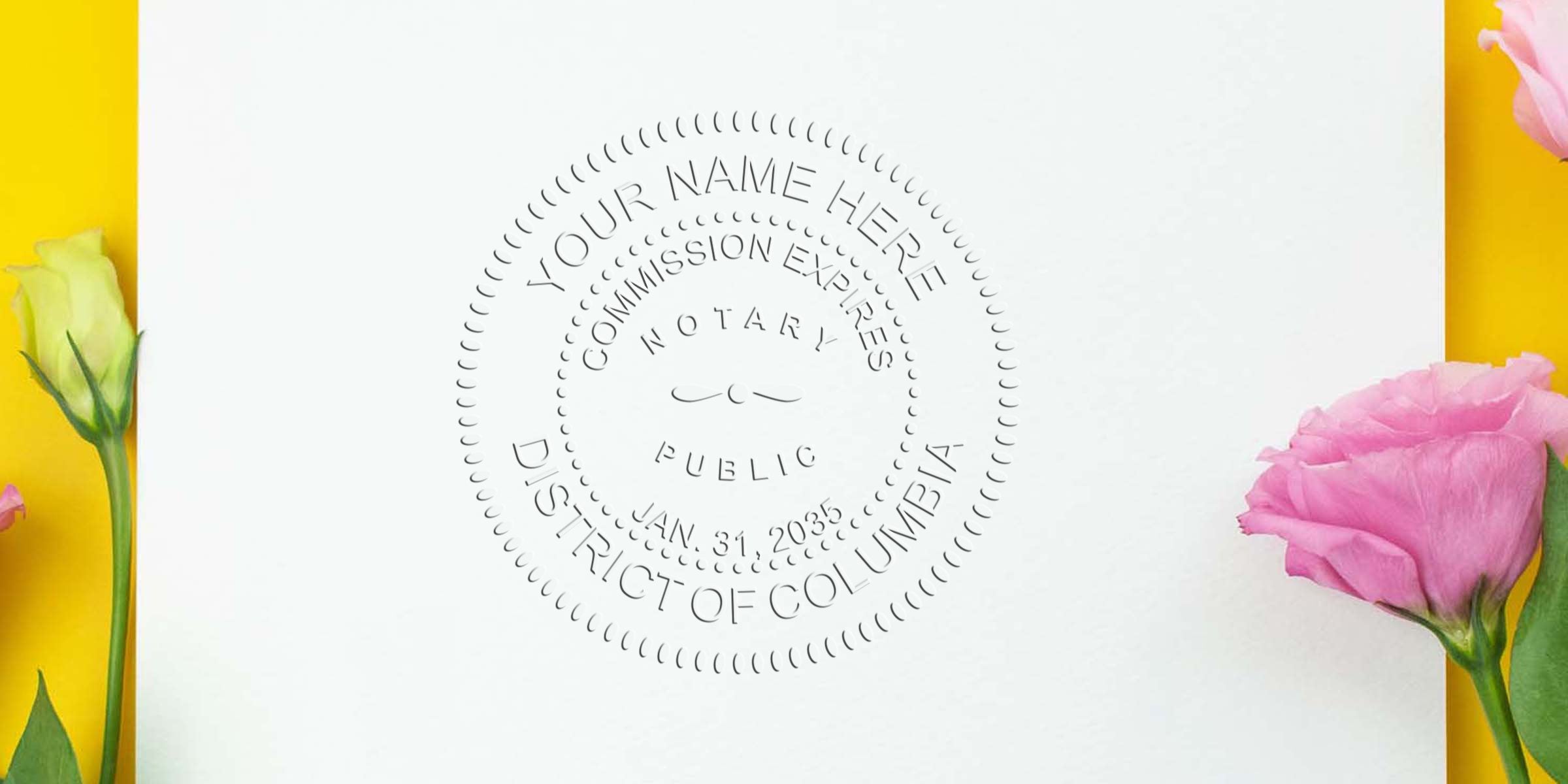 Embossed notary public seal mockup on white paper showing "District of Columbia" text, styled with pink and yellow flowers on a bright yellow background — stationery mockup for notary stamp, legal document branding.