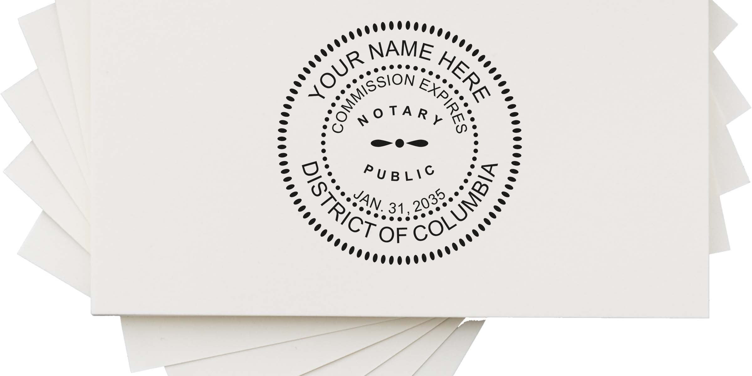 Stack of white cards featuring a black circular notary public stamp mockup reading "Your Name Here, Commission Expires Jan. 31, 2035, District of Columbia" centered on the top card