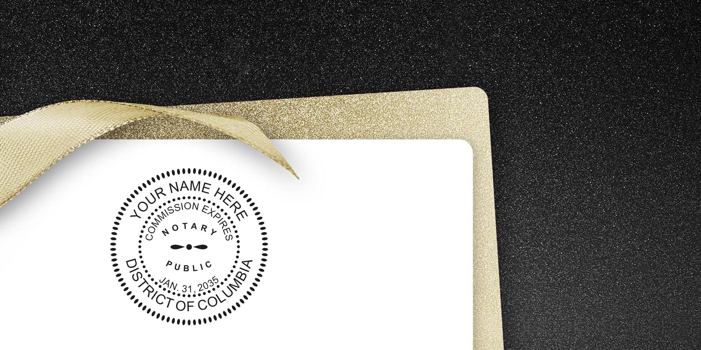 Notary public circular seal mockup on white certificate with gold glitter card and ribbon over black glitter background, District of Columbia stamp placeholder — elegant legal document mockup for notary, certificate, or seal design.
