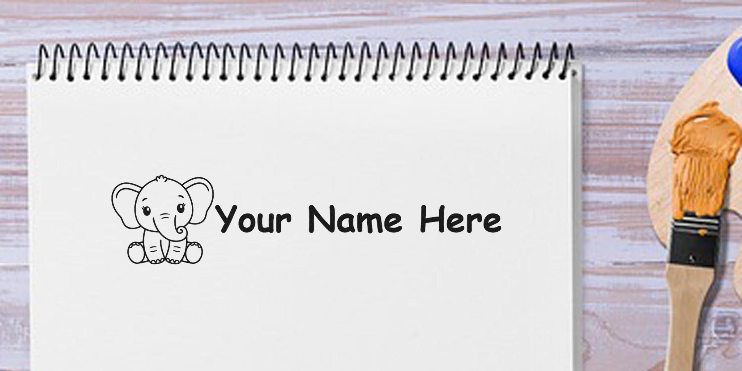 Notebook page with a cute cartoon elephant and the words “Your Name Here.”