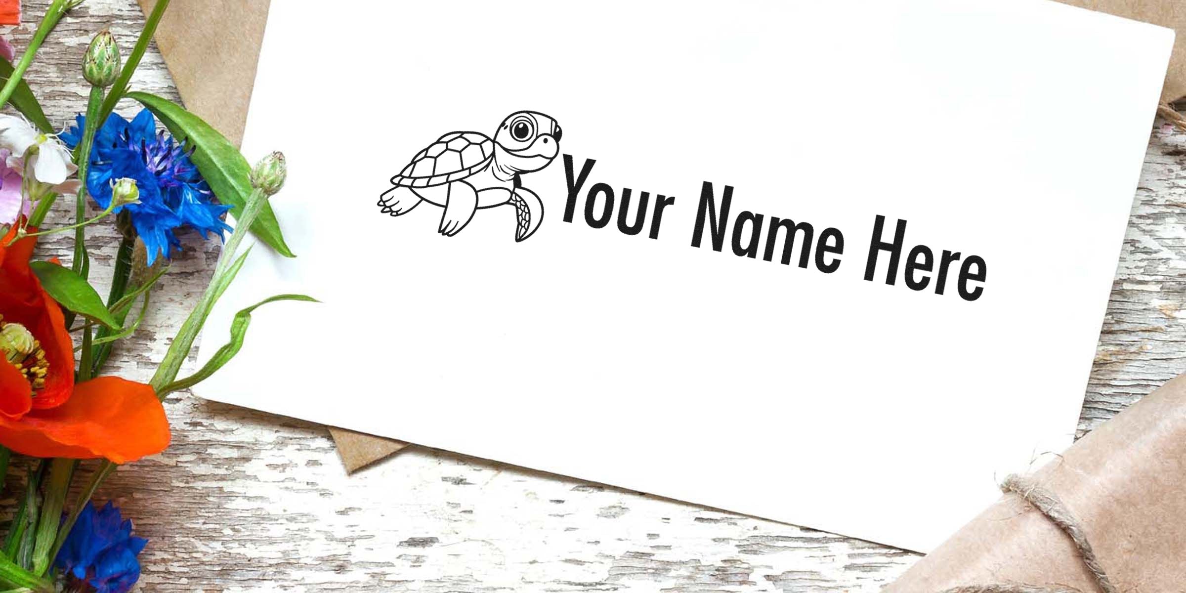 Blank card with a cute turtle illustration and the text "Your Name Here."
