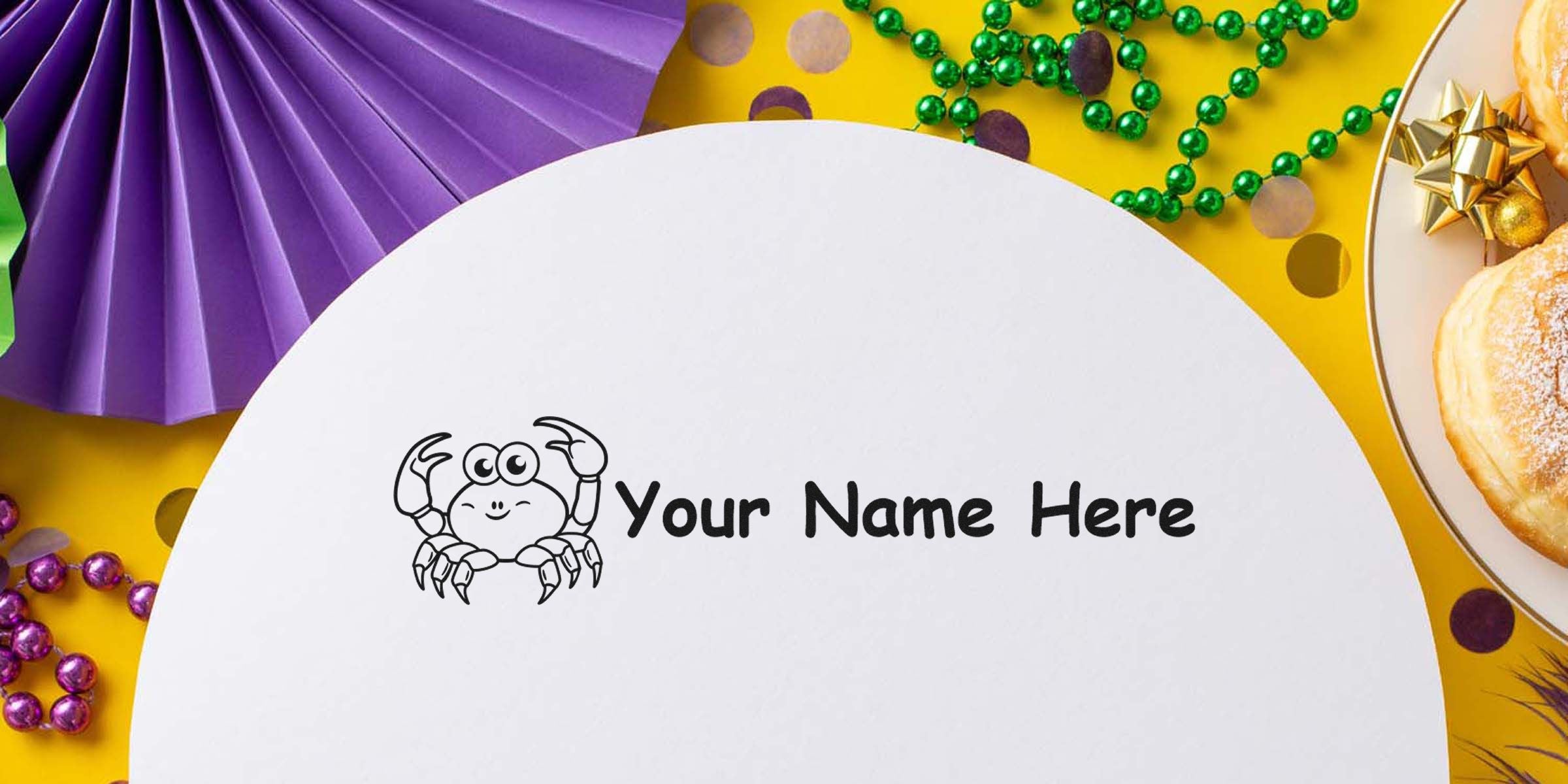 A playful birthday card with a cartoon crab and the placeholder text “Your Name Here” on a white circle.