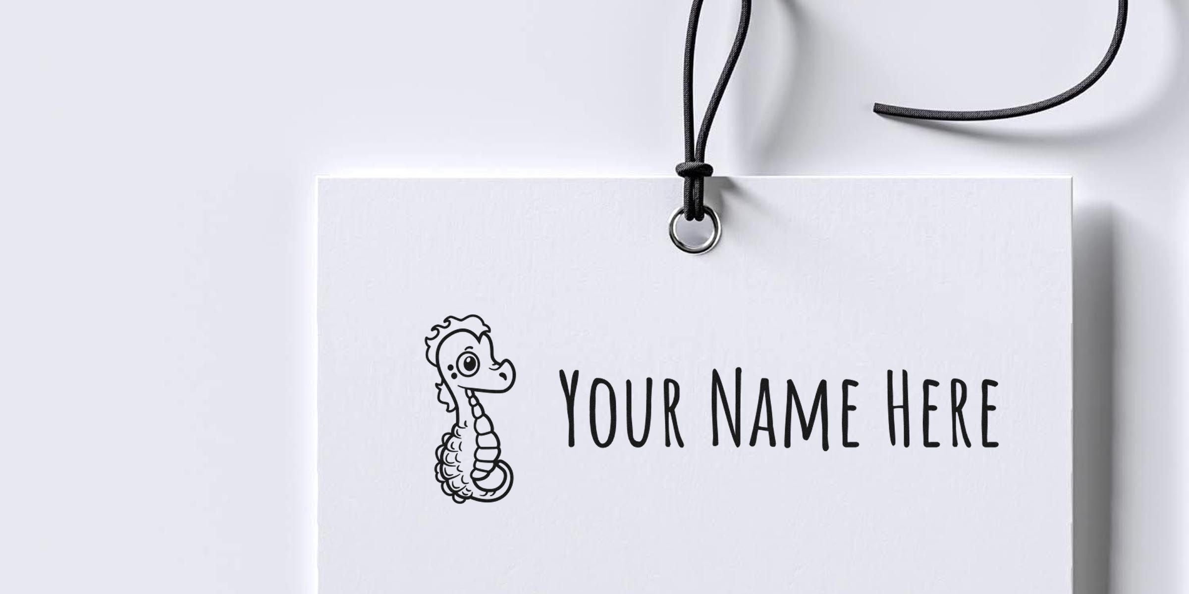 White gift tag with a cartoon seahorse and the text "YOUR NAME HERE."