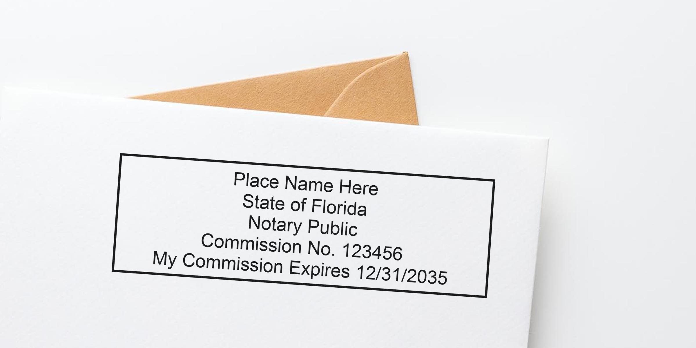 Close-up of a white envelope with a printed Florida notary public block showing placeholder name, commission number and commission expiration date, beige envelope flap peeking from behind — notary stamp template for legal documents.