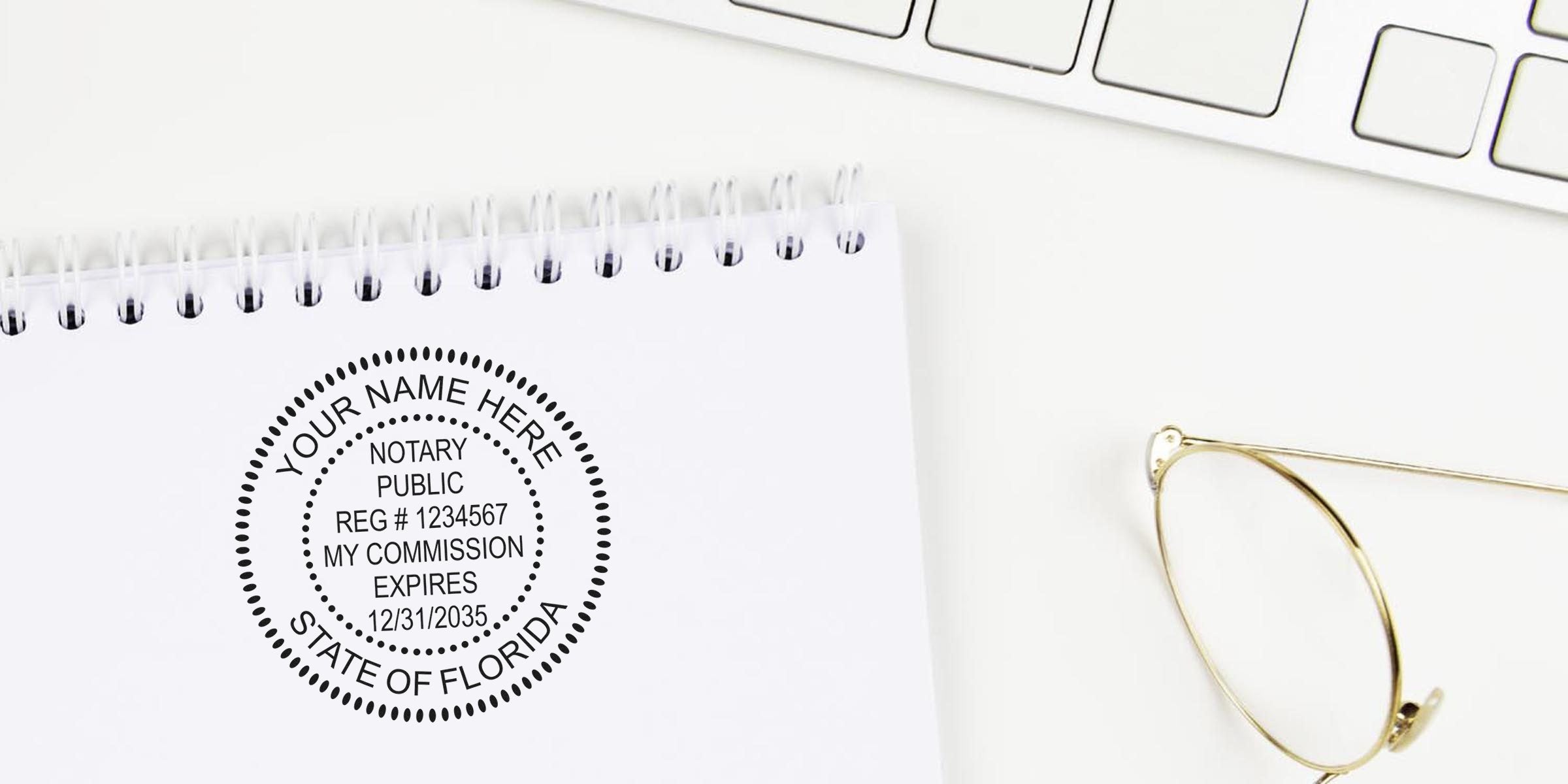 Spiral notebook with circular "Your Name Here — Notary Public — State of Florida" stamp mockup, white keyboard corner and gold-rim eyeglasses on a clean white desk.