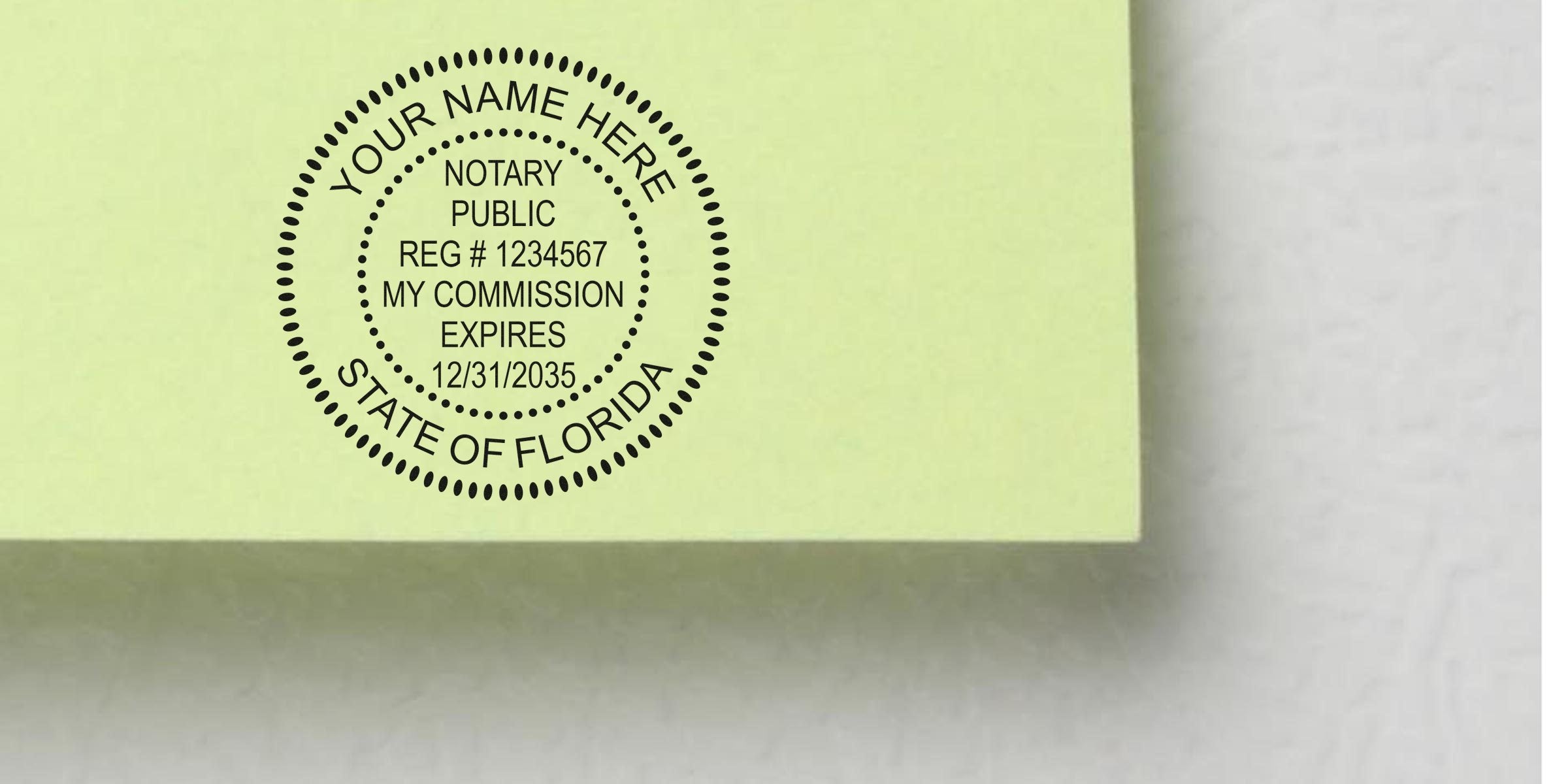 Circular black notary public stamp mockup on pale green paper reading "Your Name Here", "Notary Public", registration number, commission expires 12/31/2035, State of Florida.