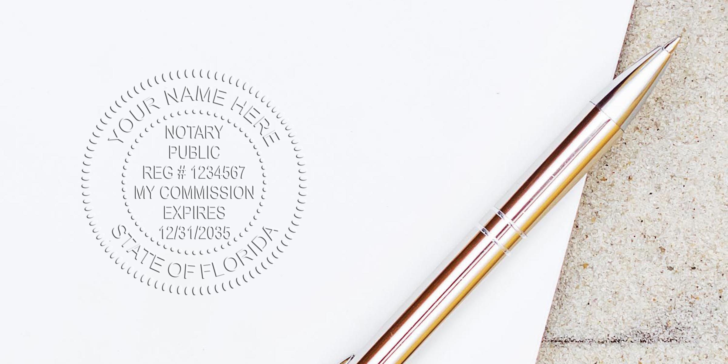 Close-up of a notary public embossed seal reading "State of Florida" on white paper beside a rose-gold metallic ballpoint pen, concept image for notarization, legal documents, and signature services.