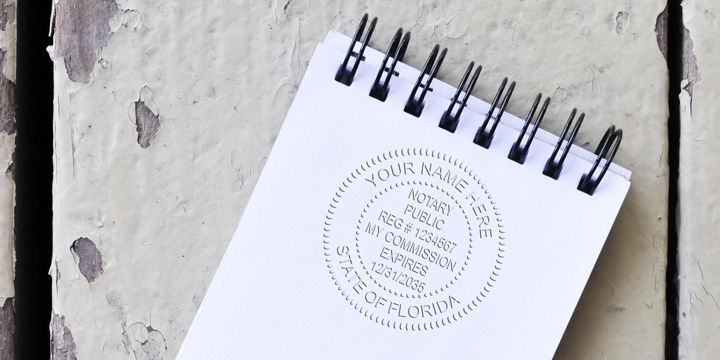 Spiral-bound white notepad with embossed notary public seal reading "State of Florida" on distressed painted wood background