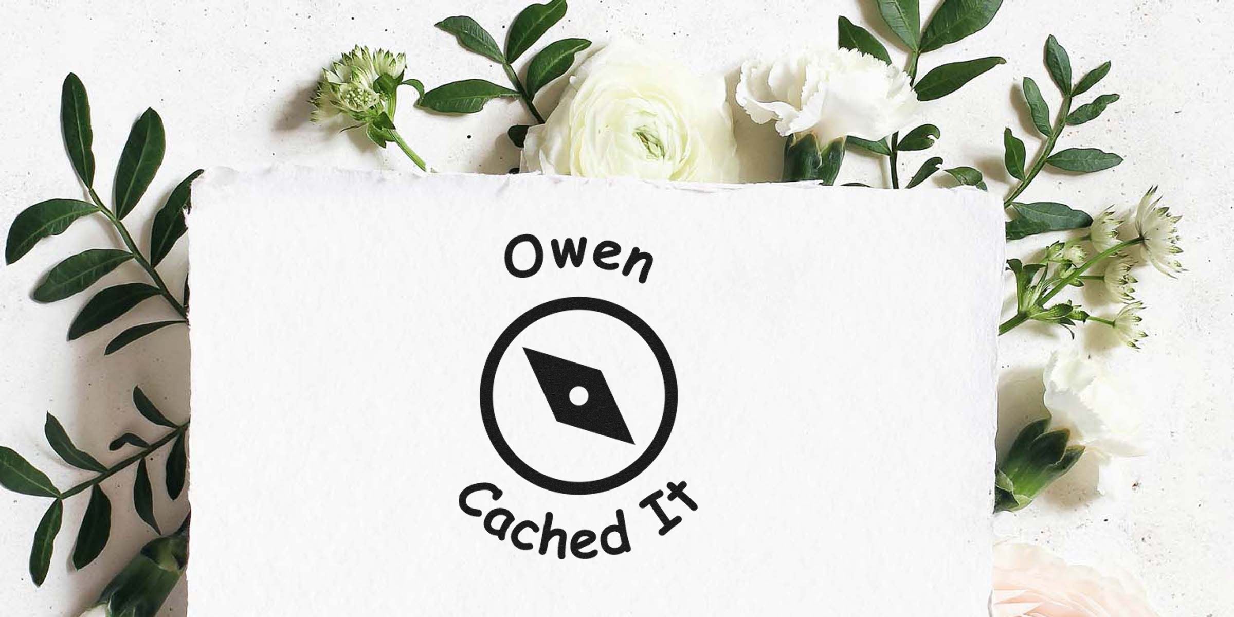 White card featuring a black compass-in-circle logo with the text “Owen” above and “Cached It” below, set on a light background with green leaves.