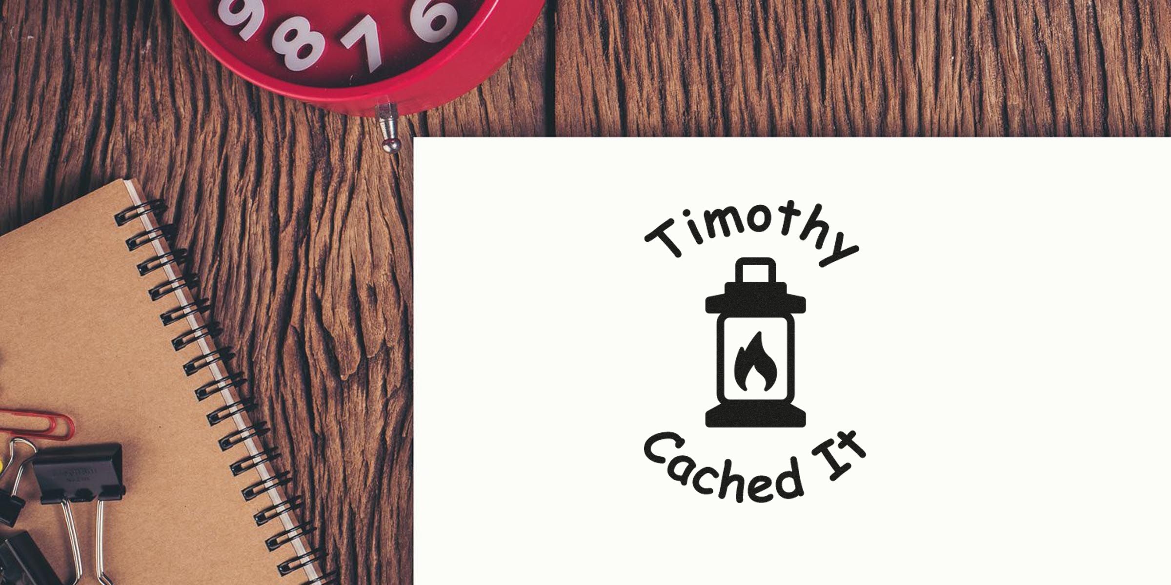 Logo with a lantern icon and the curved text “Timothy” above and “Cached It” below.