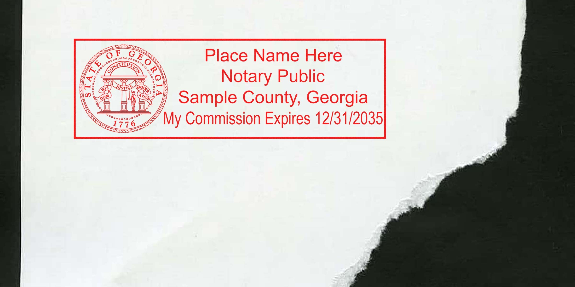 Red Georgia state seal and rectangular red notary stamp reading "Place Name Here Notary Public Sample County, Georgia My Commission Expires 12/31/2035" on torn white paper over black background