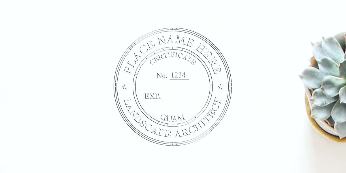 Guam landscape architect seal beside a succulent plant on white.