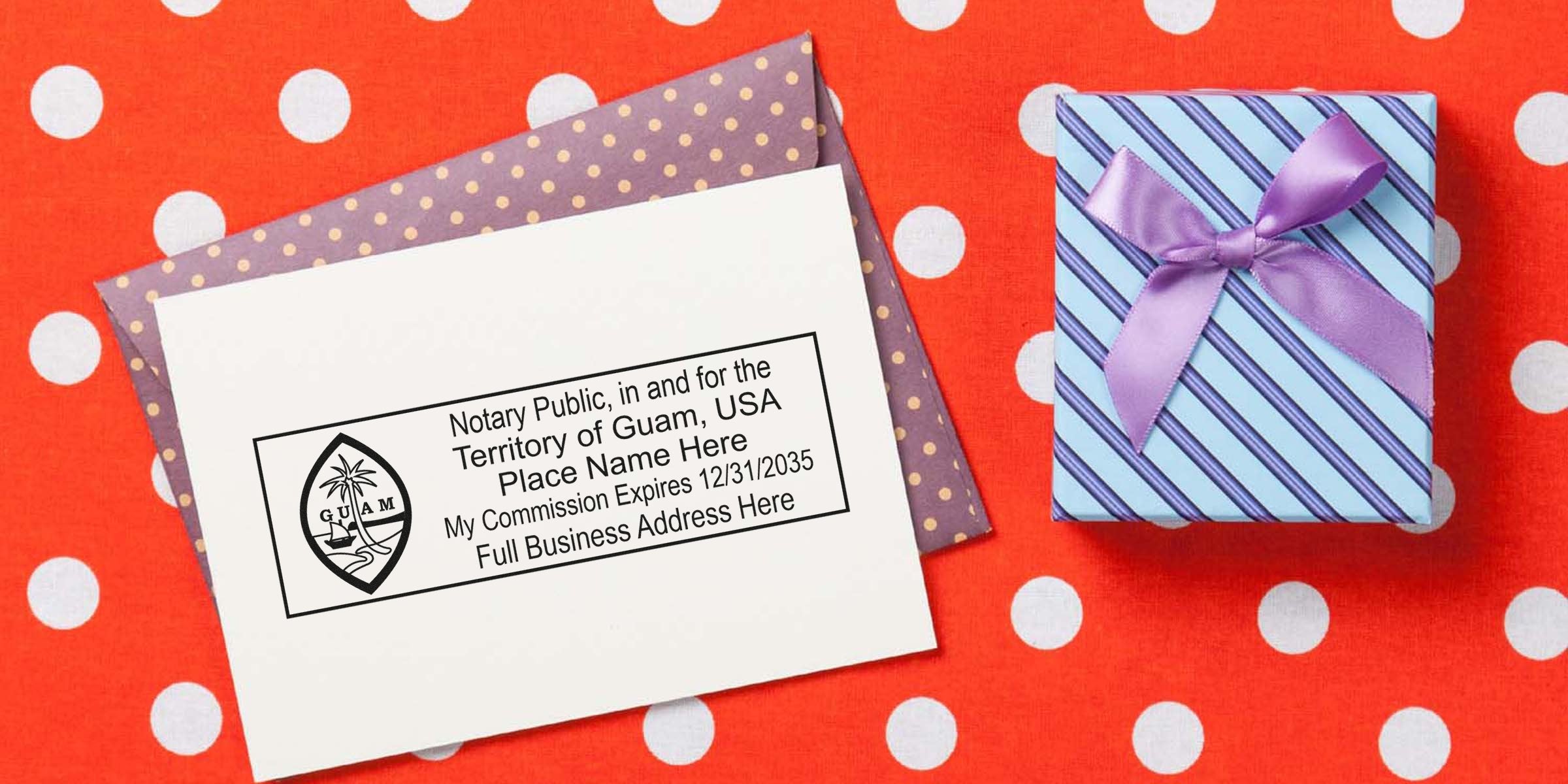 White envelope showing a Guam notary public stamp sample on a purple polka-dot liner, next to a blue striped gift box tied with a purple ribbon, arranged on a red polka-dot background