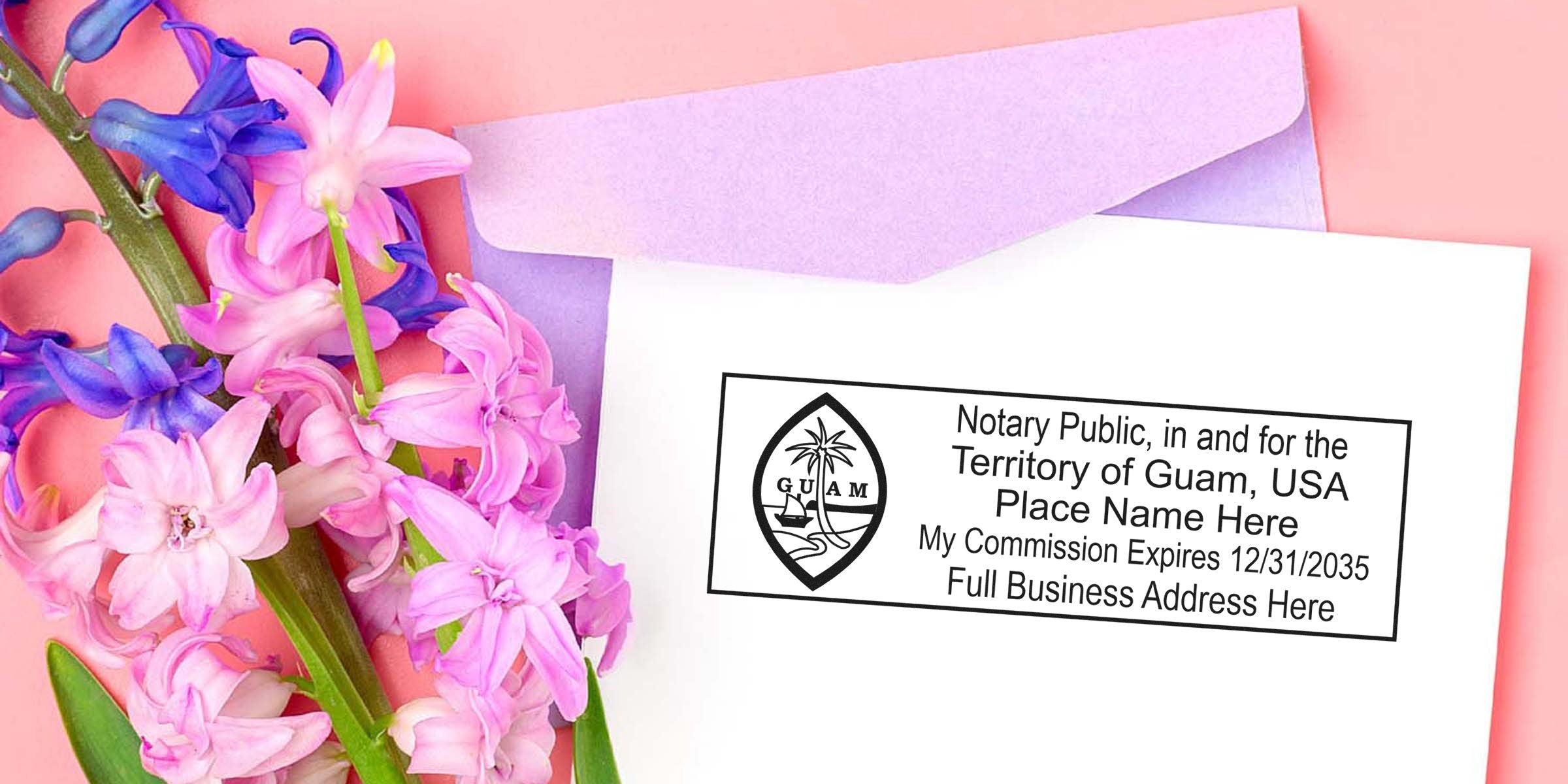 Pastel pink and purple flatlay with hyacinth flowers, lavender envelope and a white card stamped with a Guam notary public seal and placeholder text — stationery, notary stamp, floral greeting card mockup, tropical legal seal image