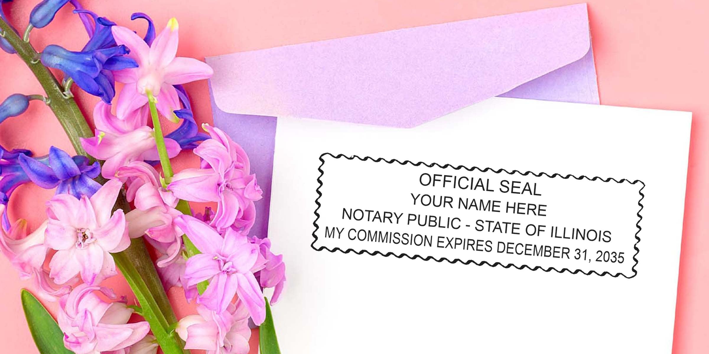 Flat lay on pastel pink background: purple envelope and white paper stamped with a mock Illinois notary seal (commission expires Dec 31, 2035) alongside pink and purple hyacinth flowers.