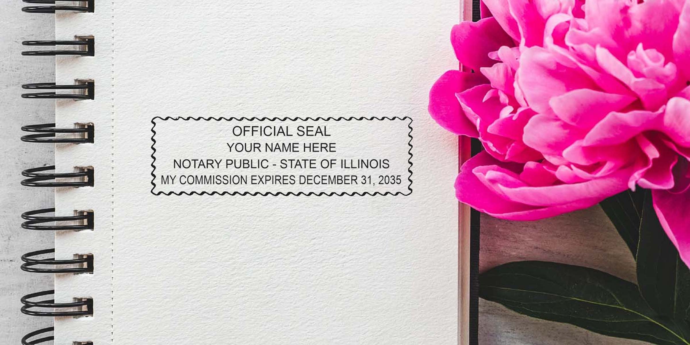 Close-up of spiral notebook with blank textured page stamped "Official Seal Notary Public - State of Illinois" beside a bright pink peony flower.