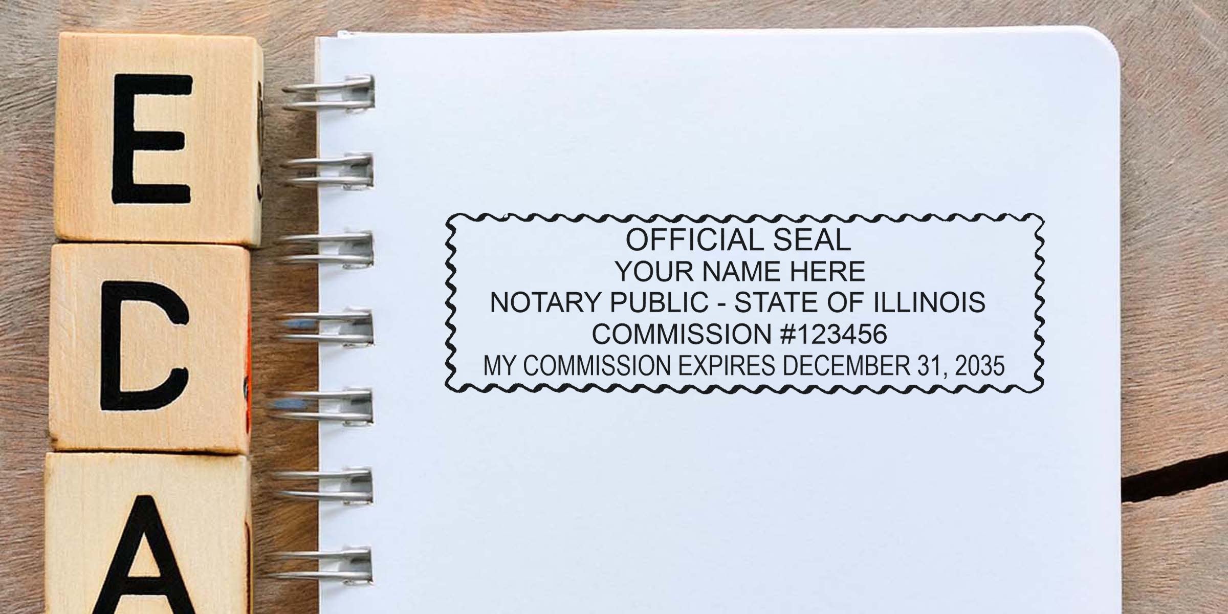 Stacked wooden blocks beside a spiral notebook displaying a sample notary public official seal stamp reading "Notary Public - State of Illinois" with commission number and expiration date.