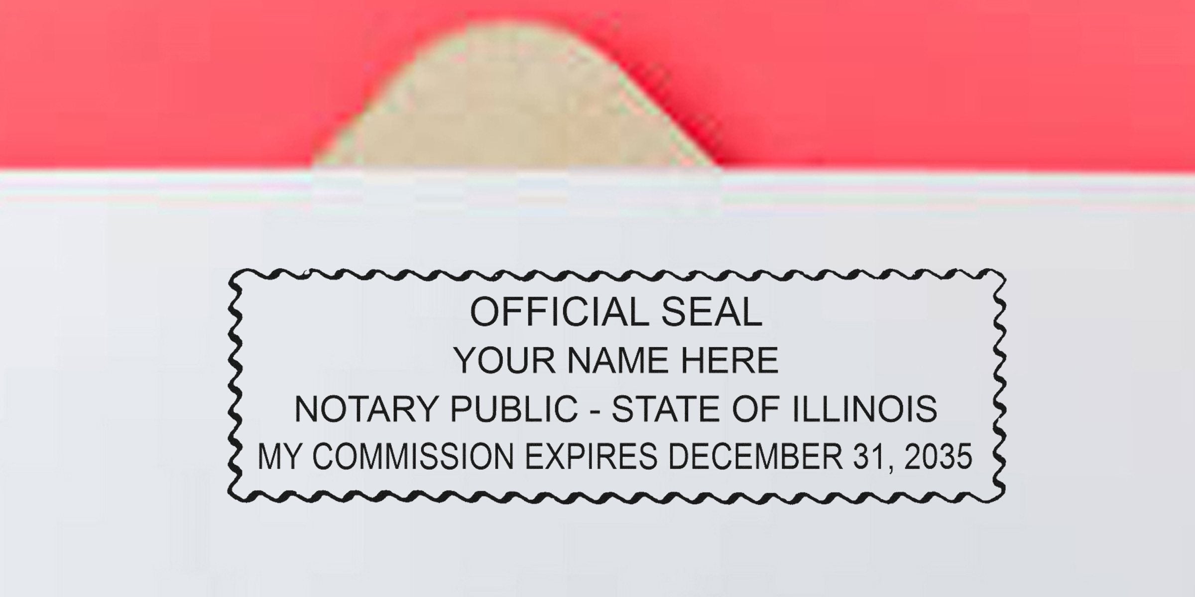 Close-up of an official-looking notary seal stamp on an envelope flap reading "Notary Public - State of Illinois" with commission expiration date.
