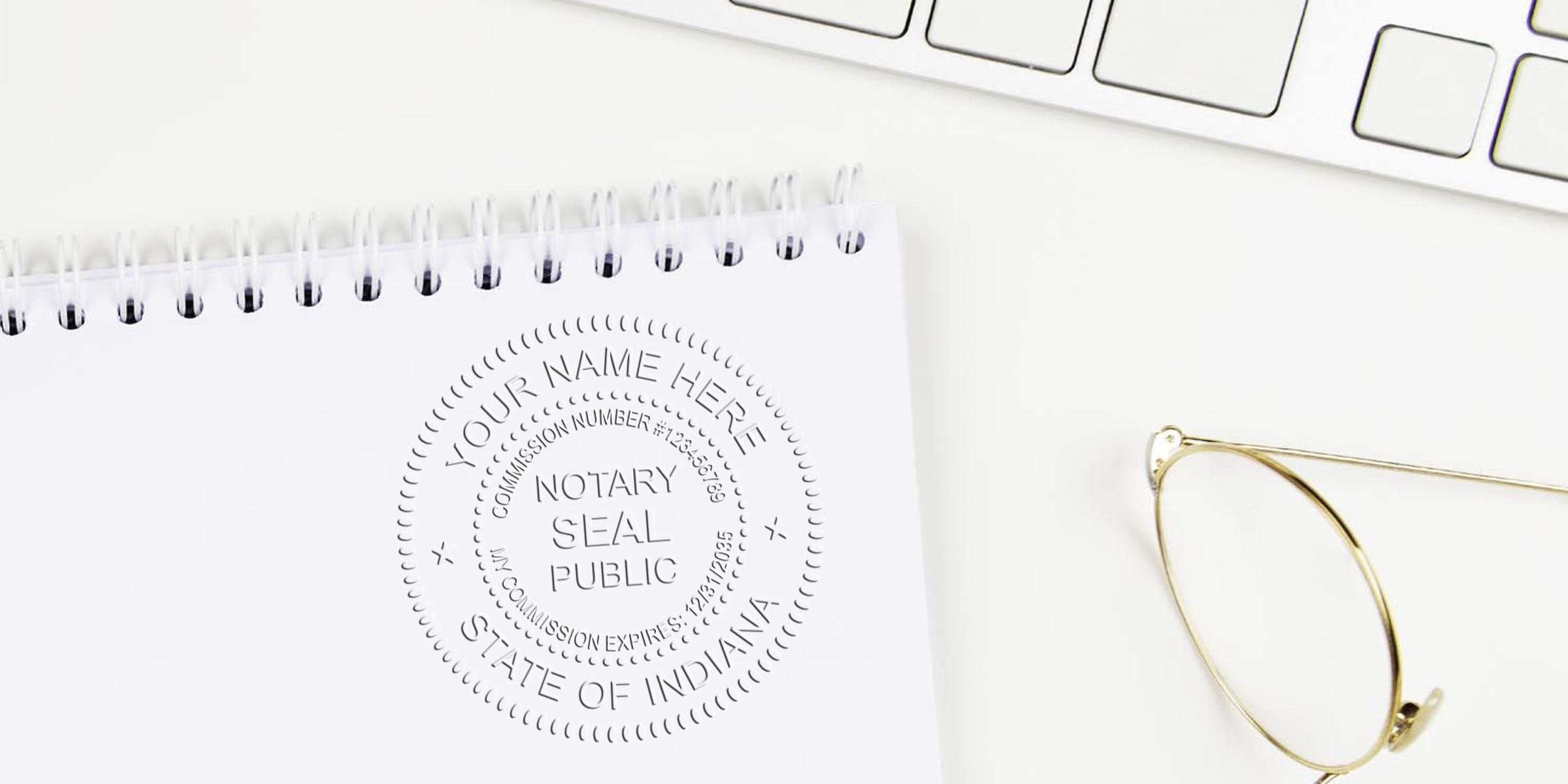 Close-up workspace with embossed notary public seal on spiral notebook, gold-rim glasses and white keyboard—legal notary paperwork concept