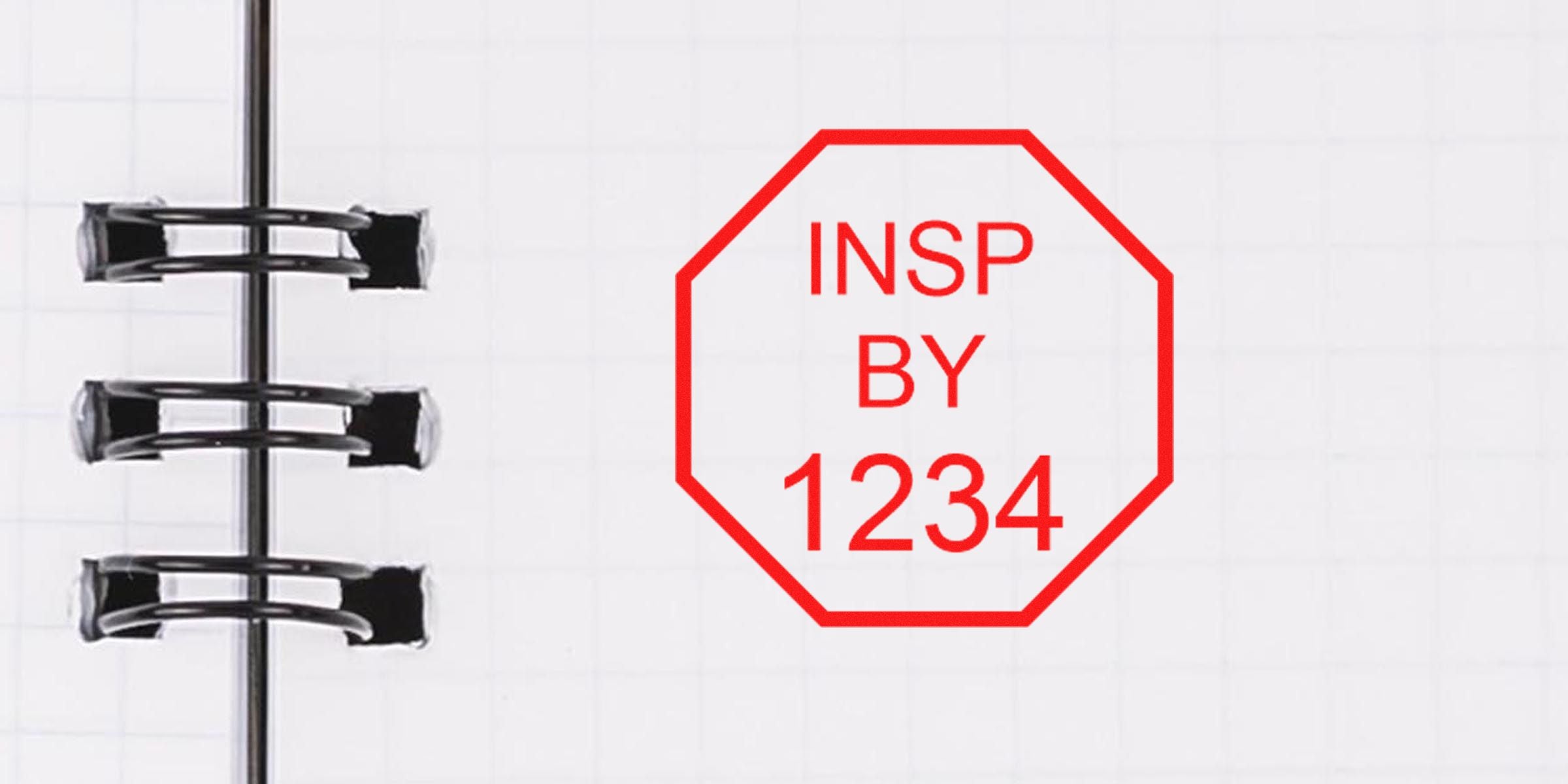 Red octagonal stamp with the text “INSP BY 1234” on a notebook page.