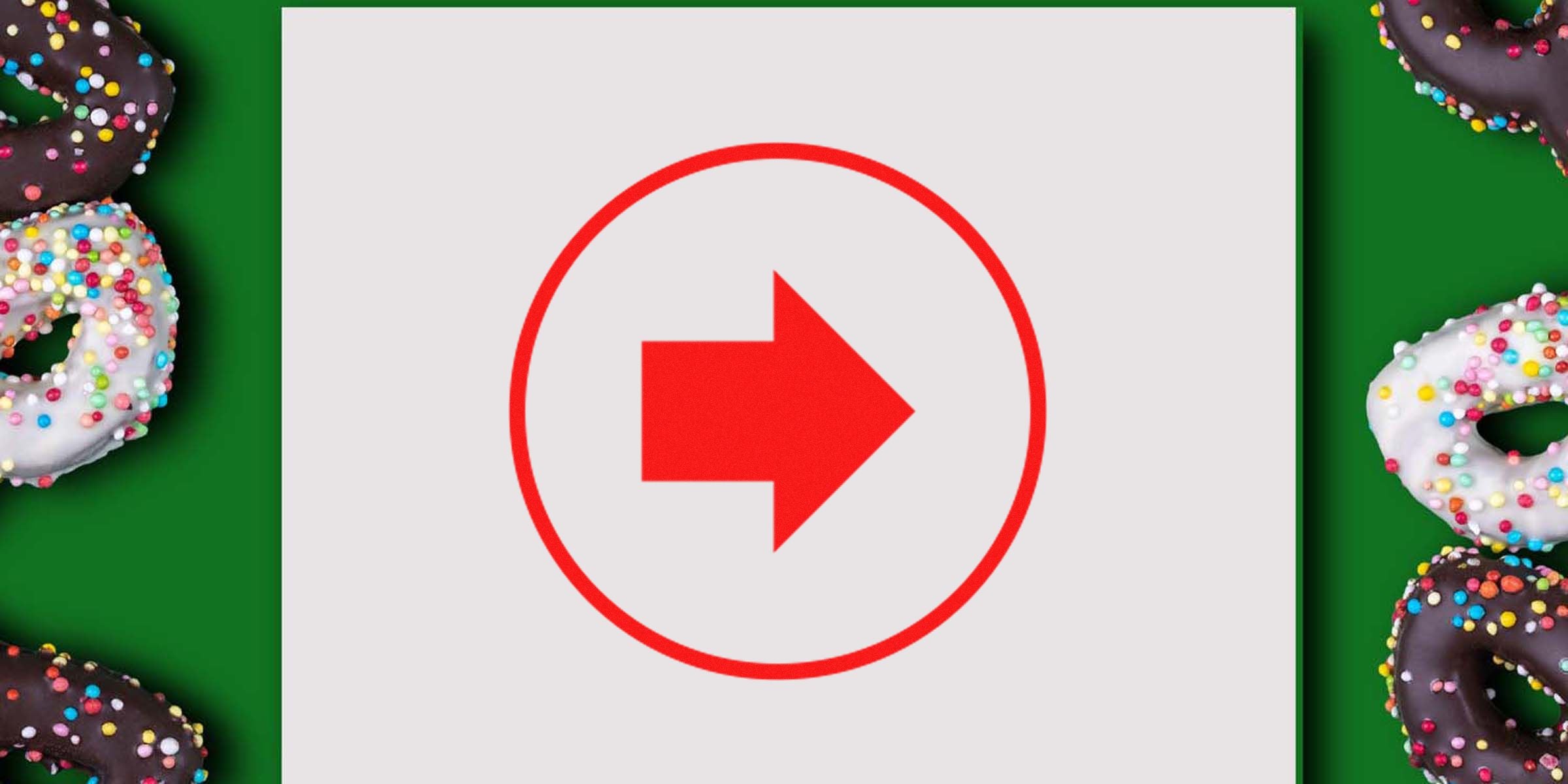 Red play button inside a red circle on a light gray background, with colorful donuts framed along the edges.