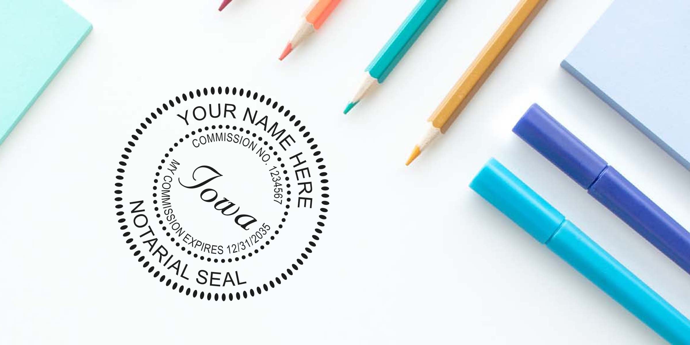 Round Iowa notarial seal mockup on white desk with colored pencils, blue markers and sticky notes — notary seal design, stationery flatlay