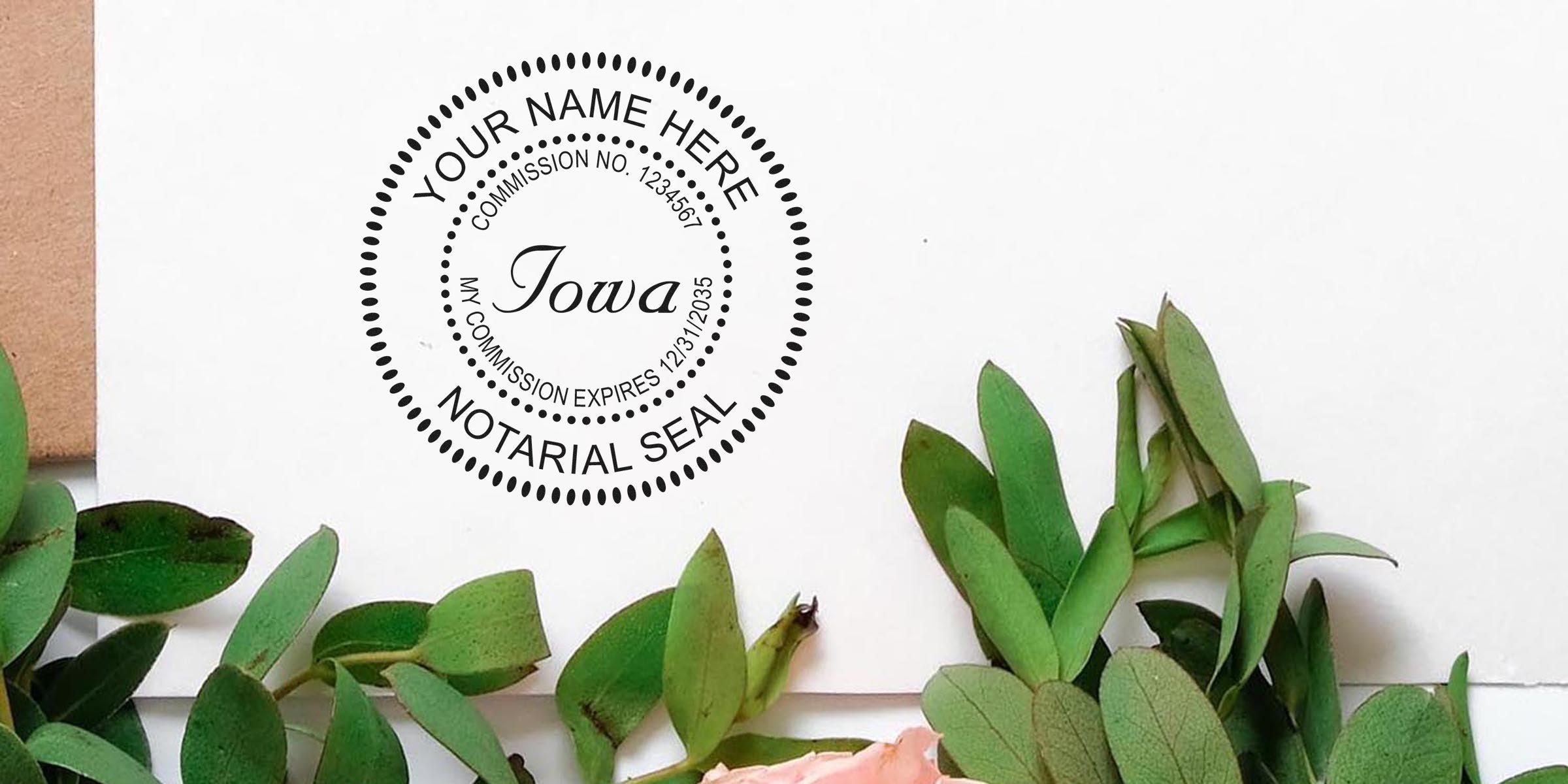 Iowa notarial seal stamp on white paper reading "Your Name Here" and "Notarial Seal" next to eucalyptus leaves and a pink rosebud