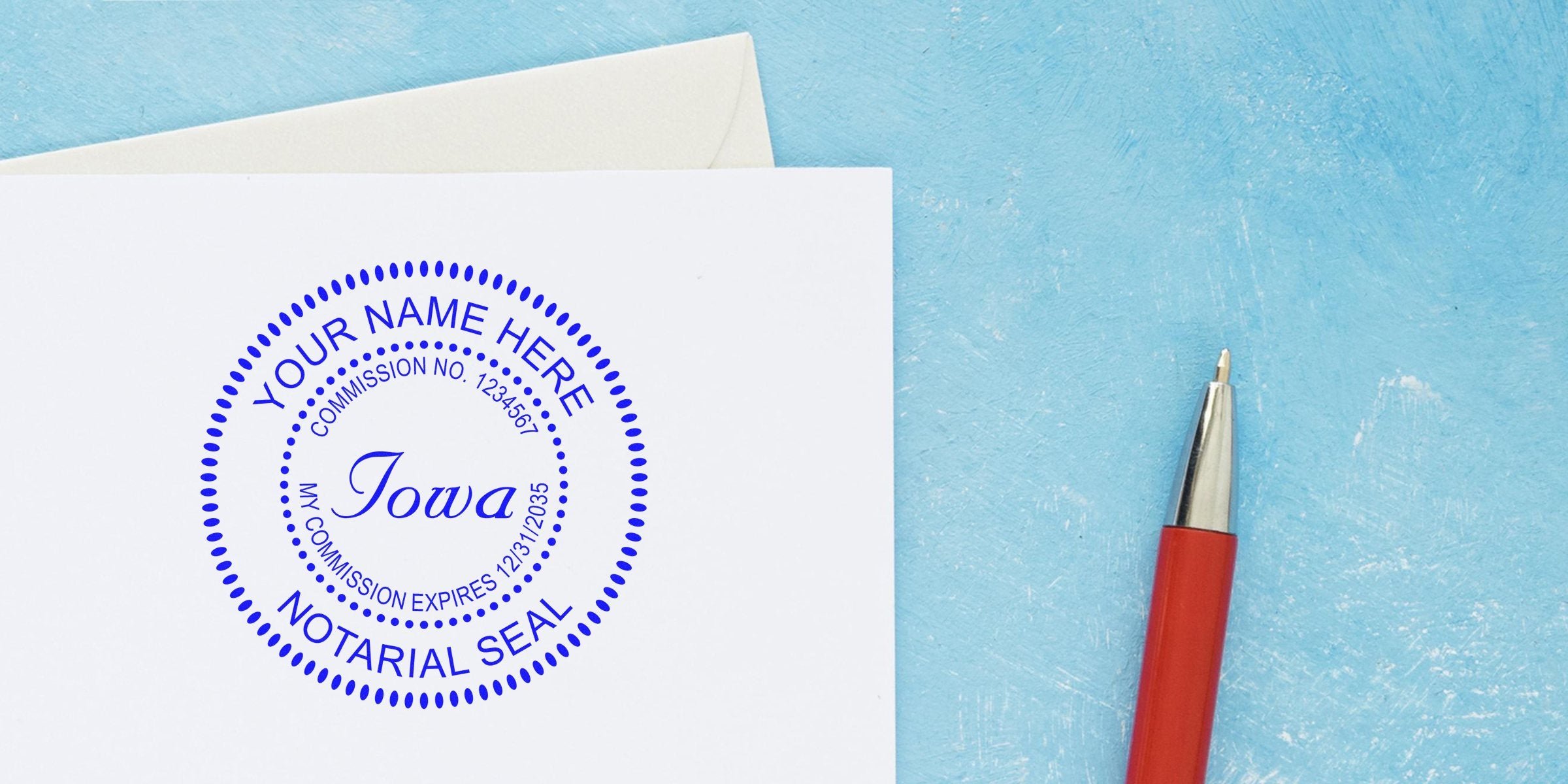 Blue Iowa notarial seal stamped on white paper beside red pen on textured light-blue background, official notary document image
