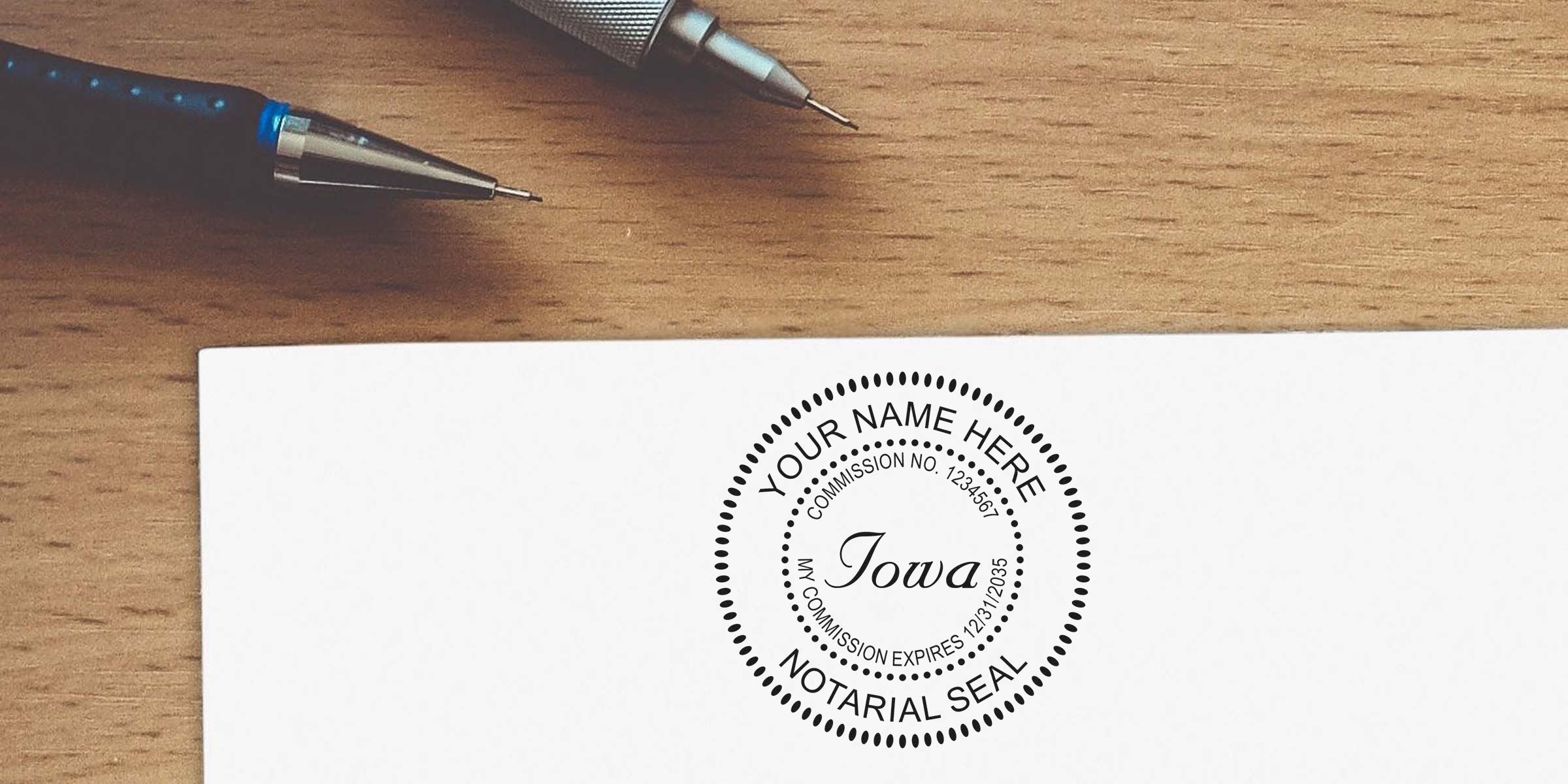 Iowa notarial seal stamped on white paper at a wooden desk with two mechanical pencils, close-up showing commission number and expiration text — notary stamp, legal document and office stationery concept