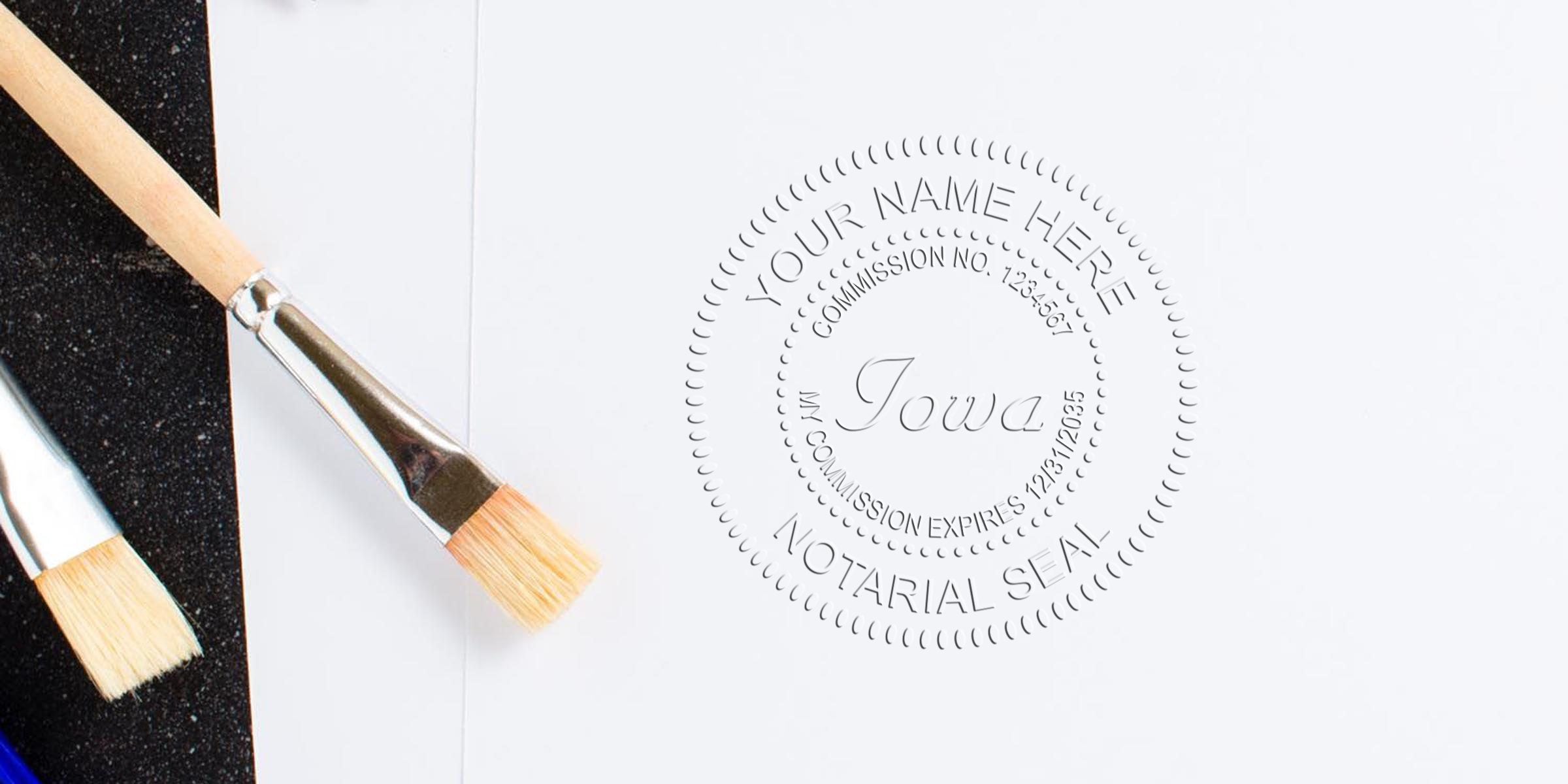 Embossed Iowa notarial seal on white paper next to artist paintbrushes and black textured mat — notary seal, notary stamp, legal document image