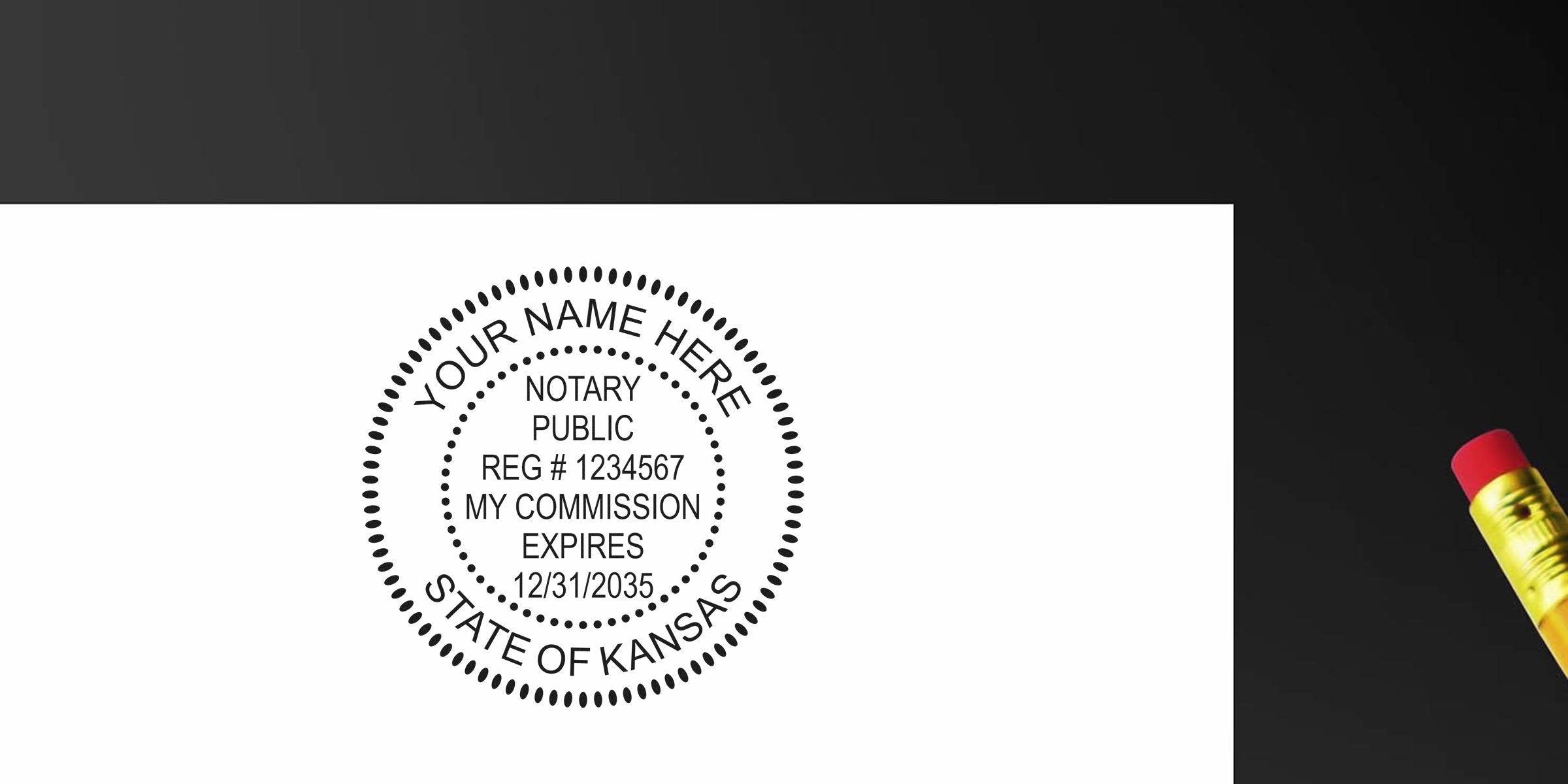 Black circular notary public stamp mockup reading "Your Name Here, State of Kansas" with sample reg# and commission expiration date, shown on white page beside a yellow pencil with red eraser.