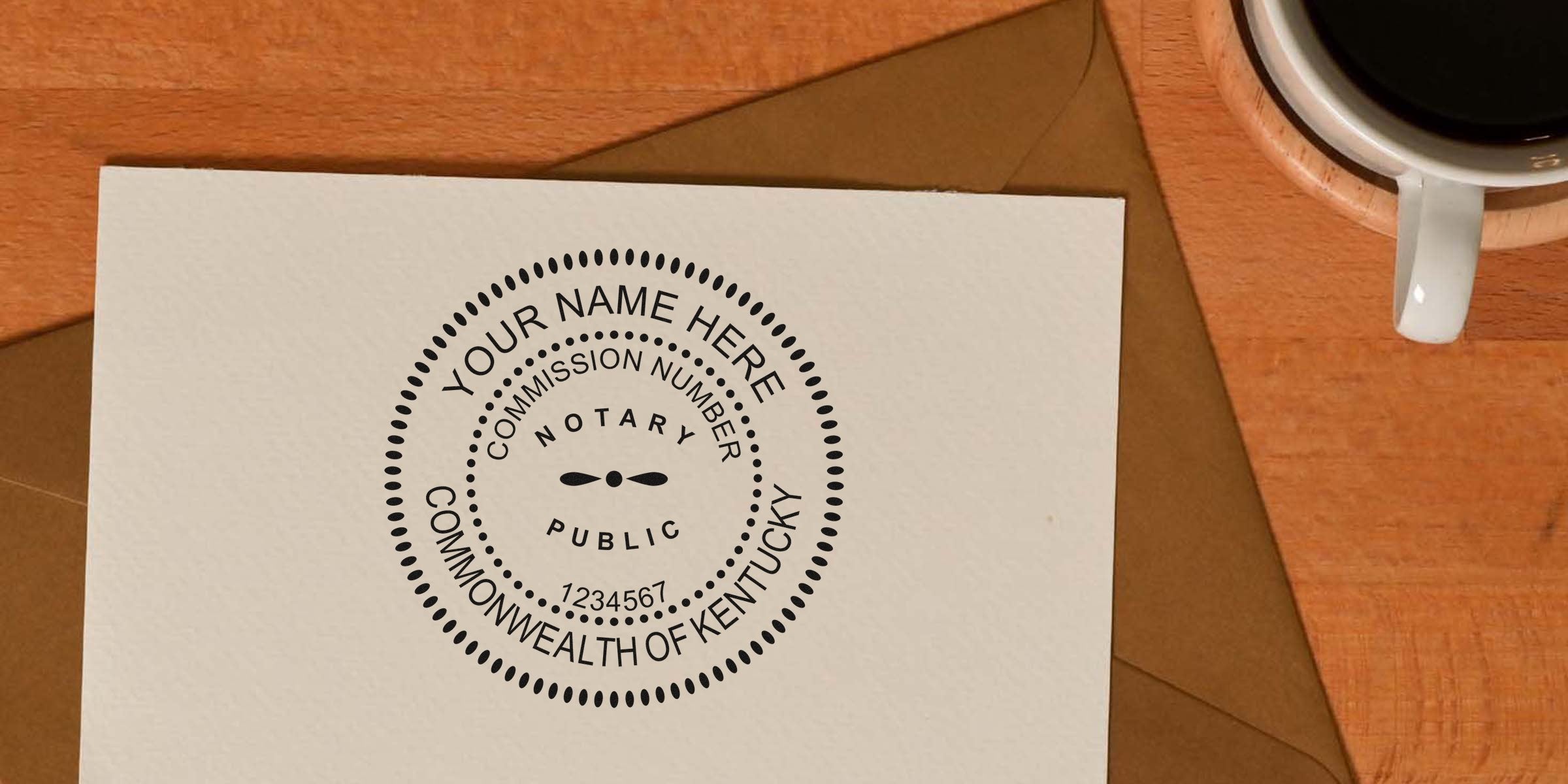 Notary seal mockup on textured white stationery showing circular stamp reading "Your Name Here", commission number and "Commonwealth of Kentucky", brown envelope and coffee cup on wooden desk.