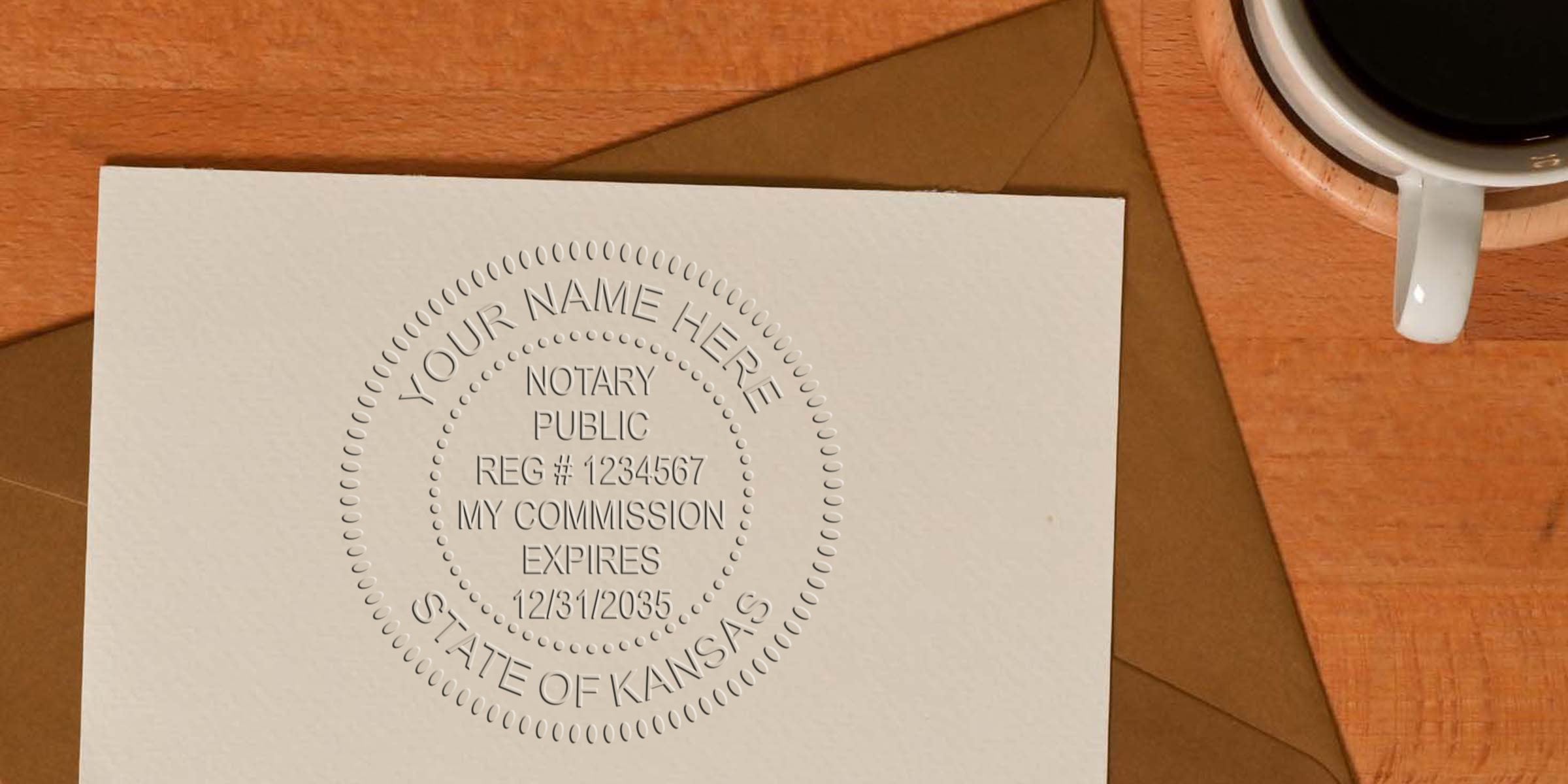 Embossed Kansas notary public seal on textured white paper over a brown envelope, showing placeholder text "Your Name Here", registration number and commission expiration date, photographed on a wooden desk next to a coffee cup