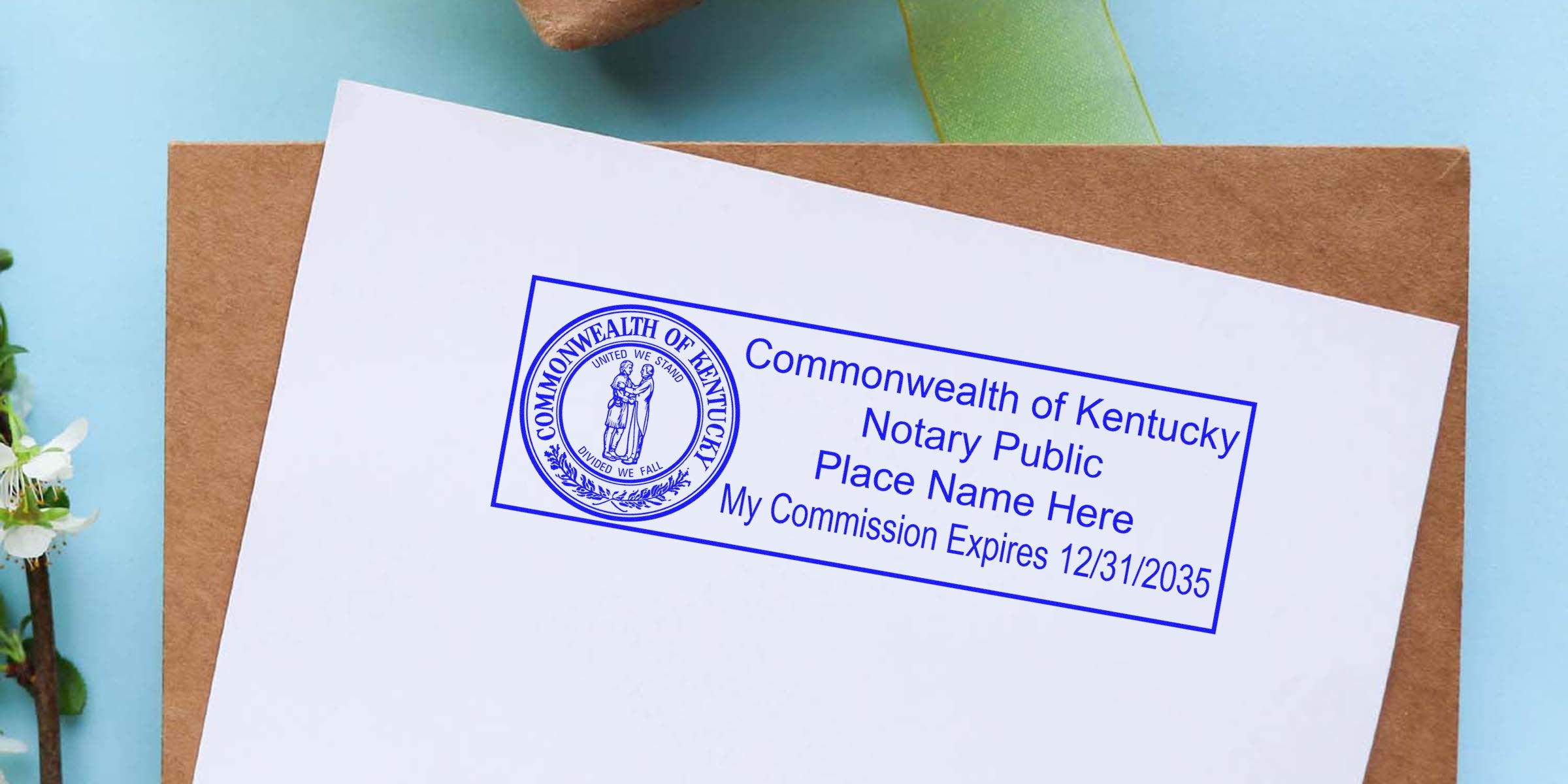 Blue Kentucky Notary Public stamp on white paper with state seal, placeholder name and commission expiration 12/31/2035, blue ink impression on brown envelope background