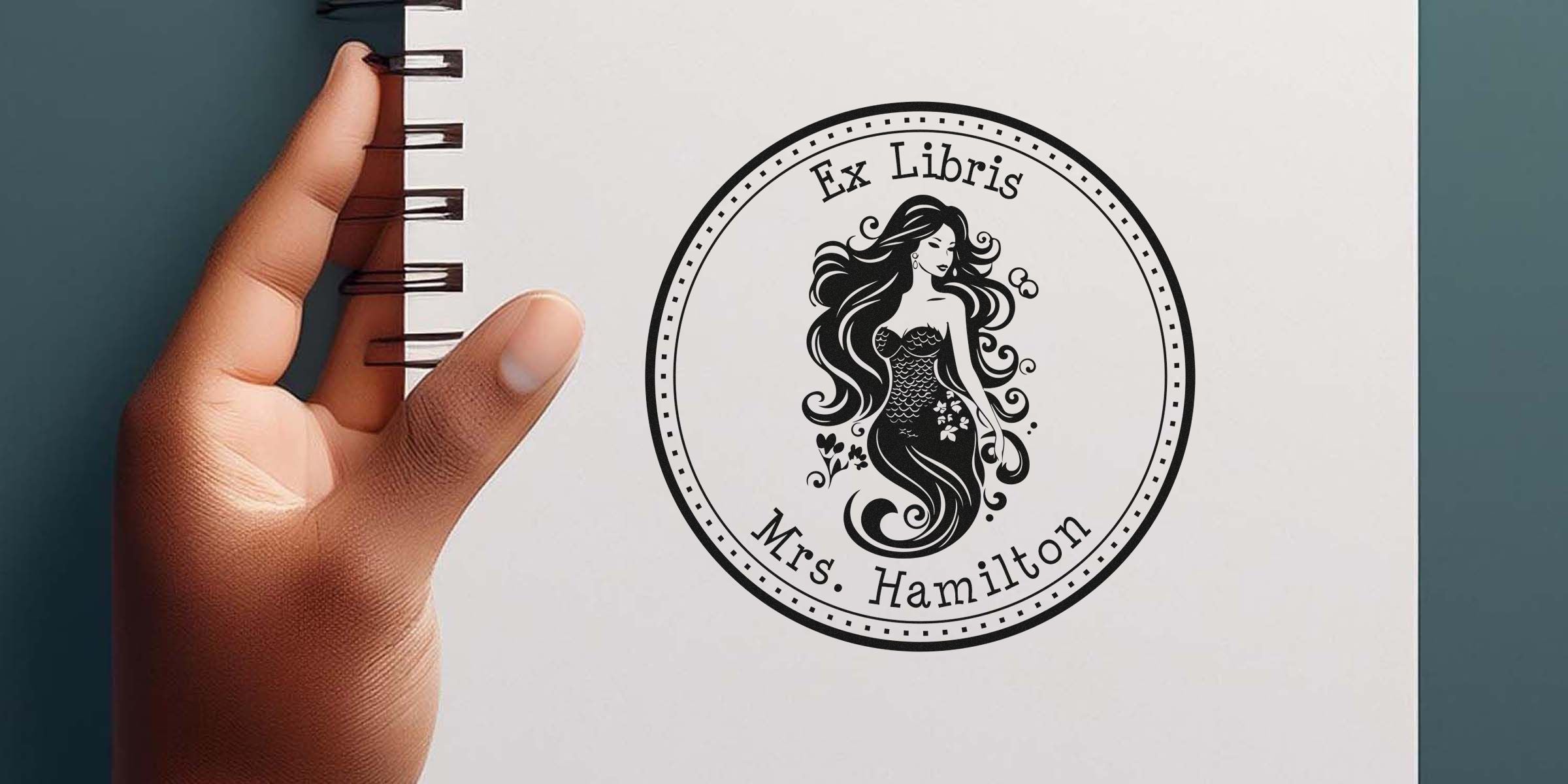 Ex Libris stamp featuring a mermaid and the text “Ex Libris Mrs. Hamilton.”