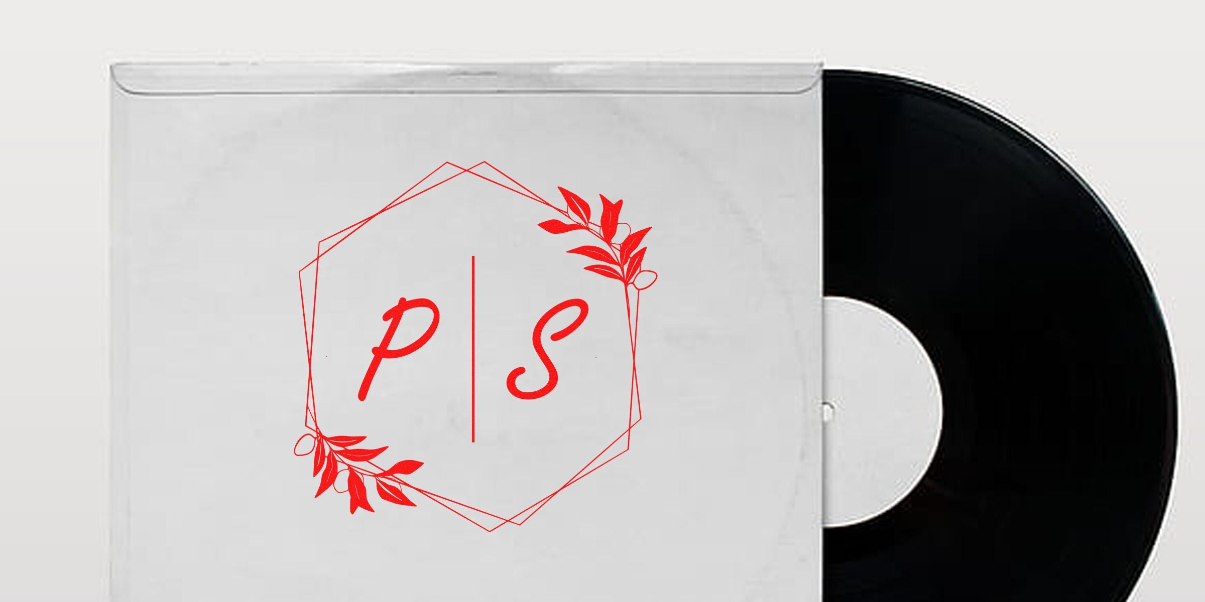 White album cover with red geometric frame and leaves surrounding the letters “PS,” a black vinyl record partially pulled out.
