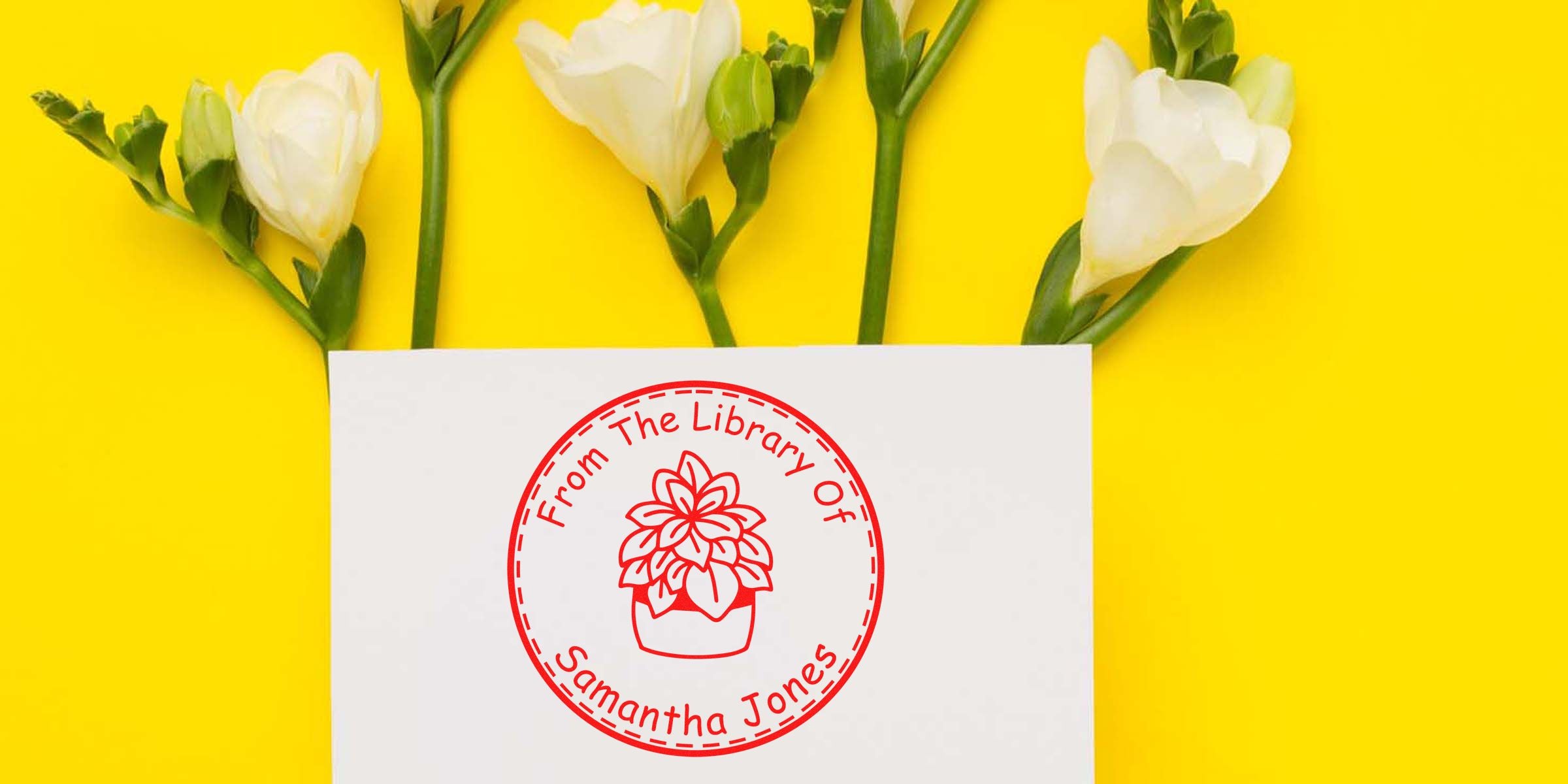 Red circular stamp reading “From The Library Of Samantha Jones” with a flower pot illustration on a white card against a bright yellow background.