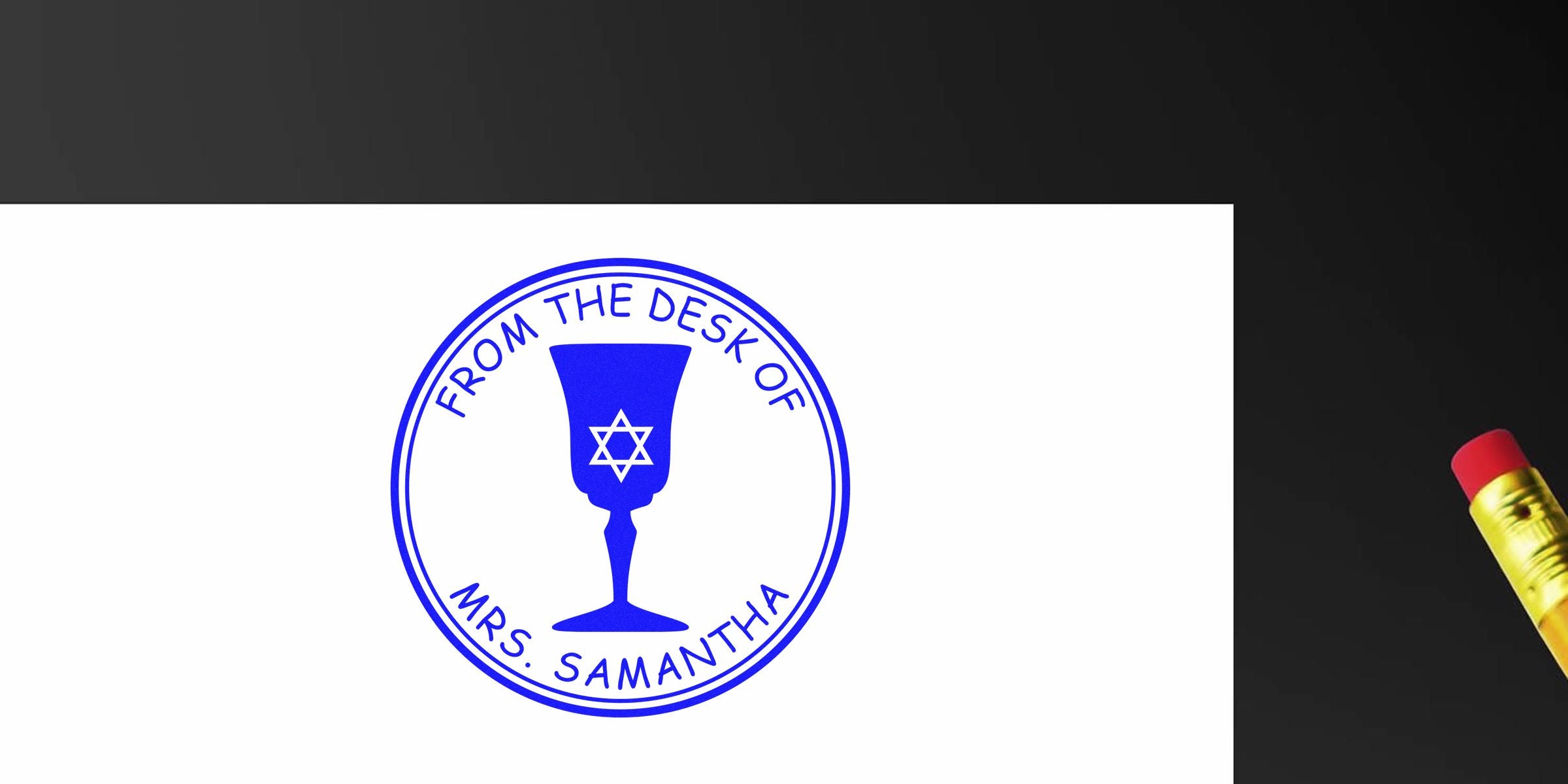 Circular blue seal with the text “From the Desk of Mrs. Samantha” around a chalice featuring a Star of David.