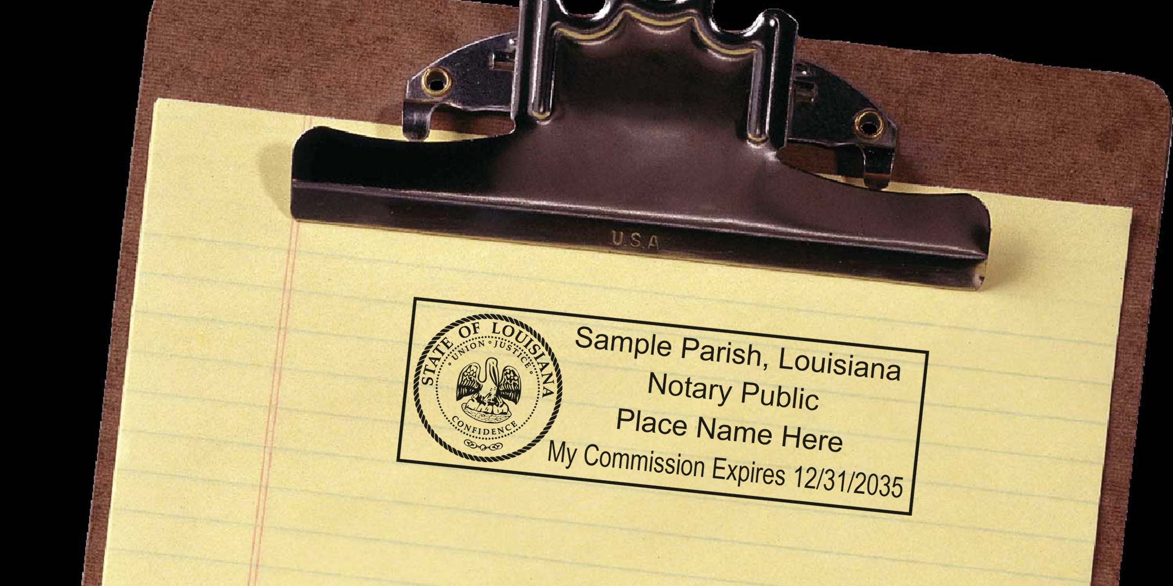 Wooden clipboard with black metal clip holding a yellow legal pad showing a Louisiana notary public stamp imprint reading "Sample Parish, Louisiana Notary Public Place Name Here My Commission Expires 12/31/2035"
