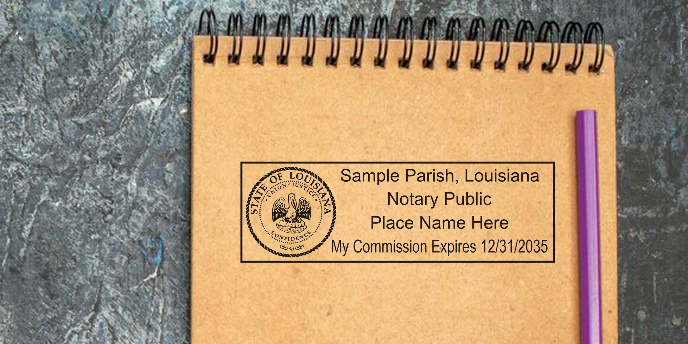 Top-down photo of a spiral notebook with a Louisiana notary public rubber stamp impression reading "Sample Parish, Louisiana Notary Public, My Commission Expires 12/31/2035" and a purple pen next to it.
