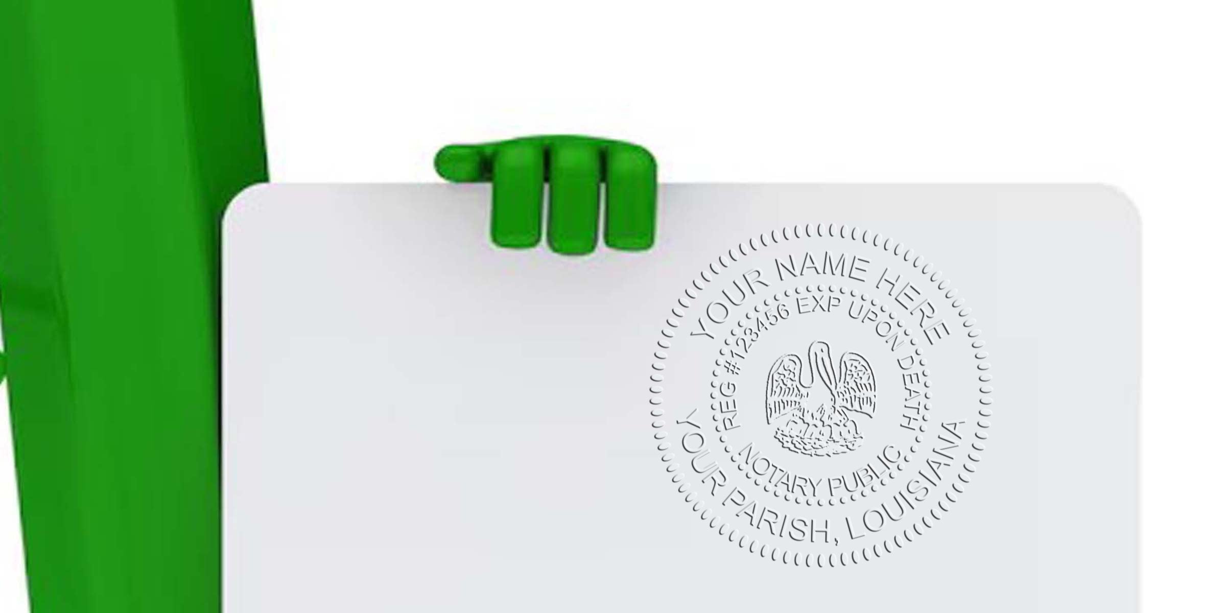 Green mascot hand holding a white card with an embossed Louisiana notary public seal, blank space for text or logo, embossing showing pelican emblem and circular notary stamp details.