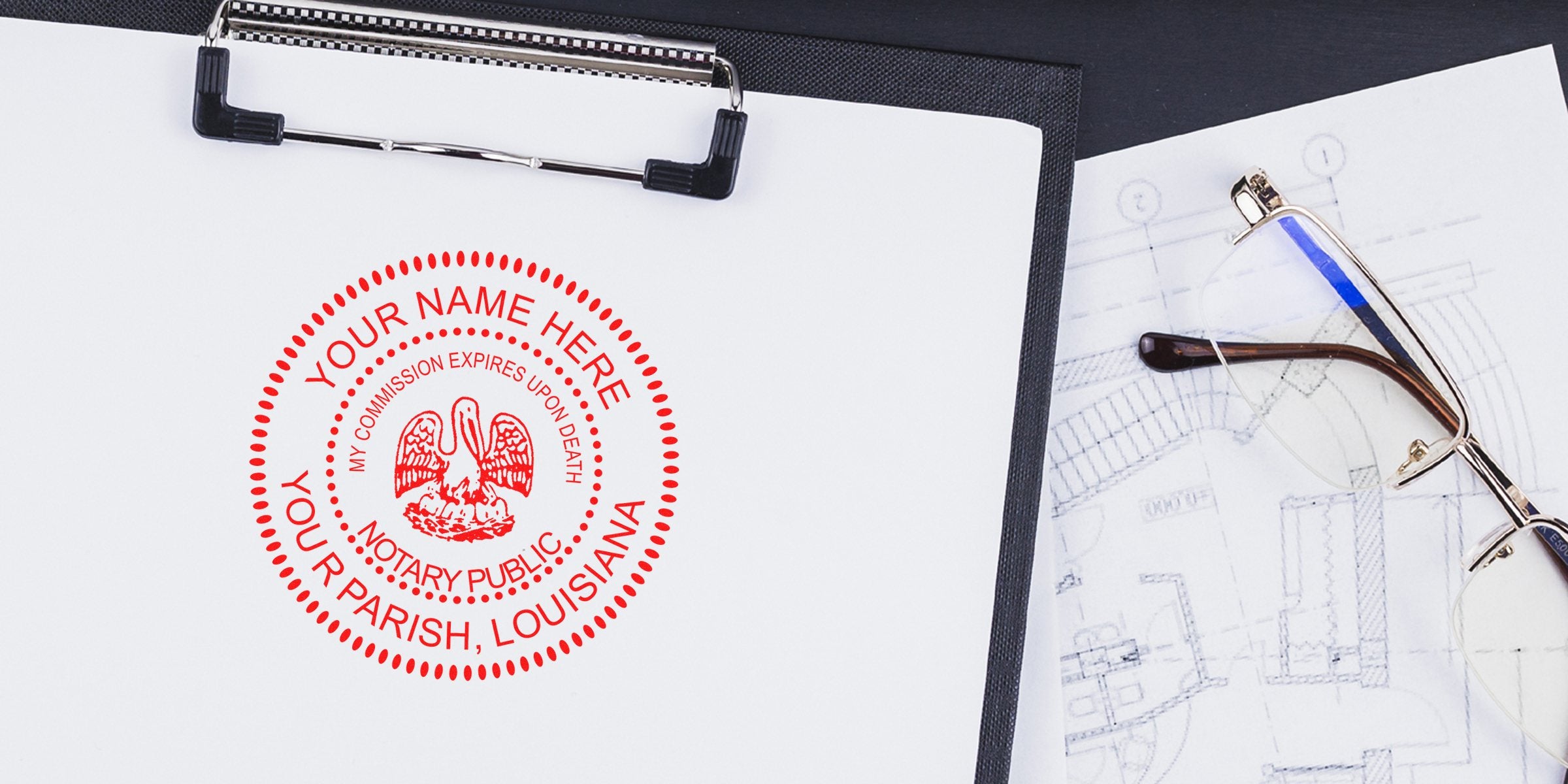 Red circular notary public seal stamped on white paper on a black clipboard, placed beside eyeglasses resting on architectural blueprints, conveying legal document authentication and professional office setting.