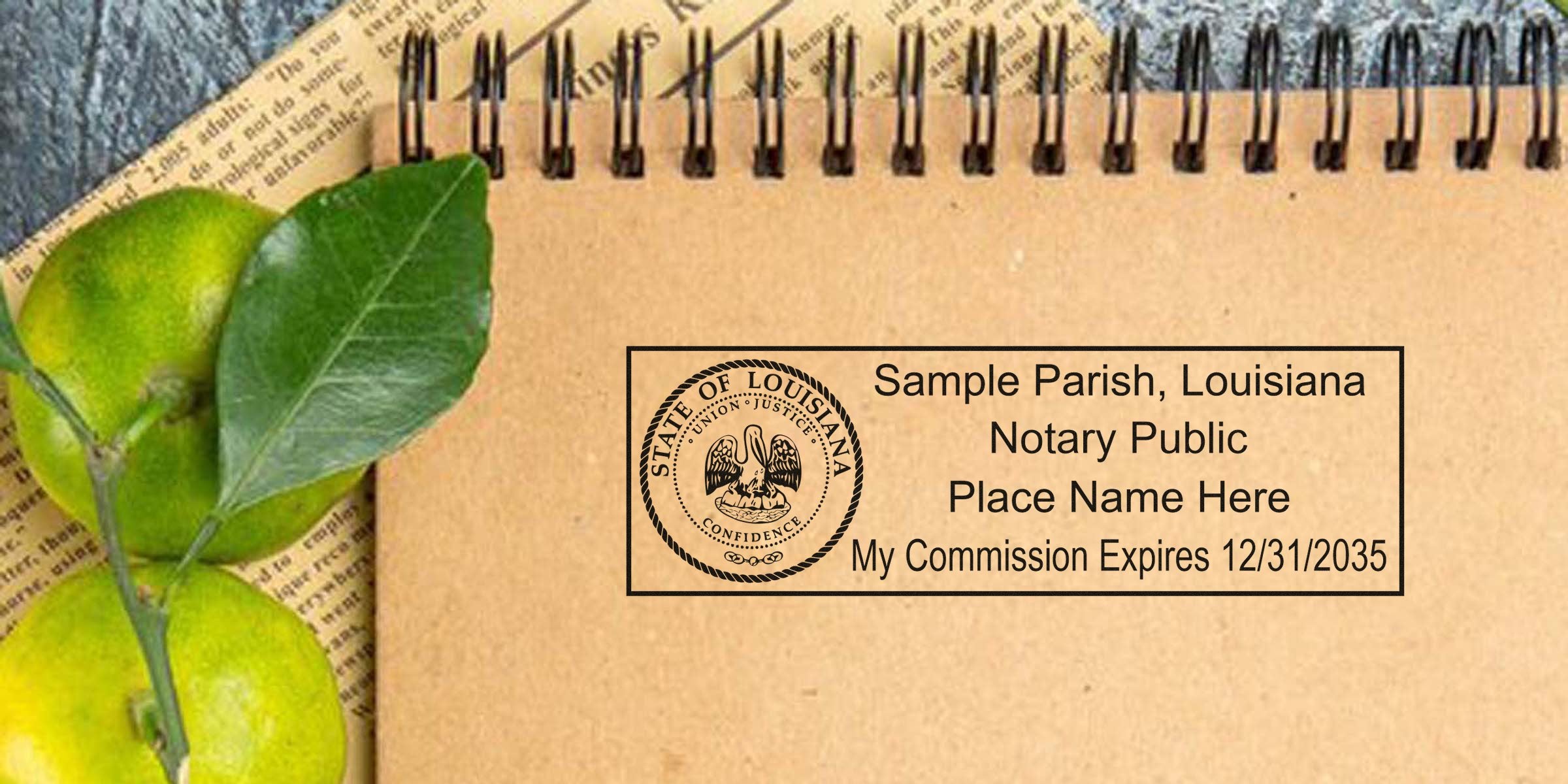 Spiral notebook with kraft paper featuring a Louisiana notary public rubber stamp sample showing state seal, parish placeholder, commission expiration date, and green limes with leaves on a newspaper background