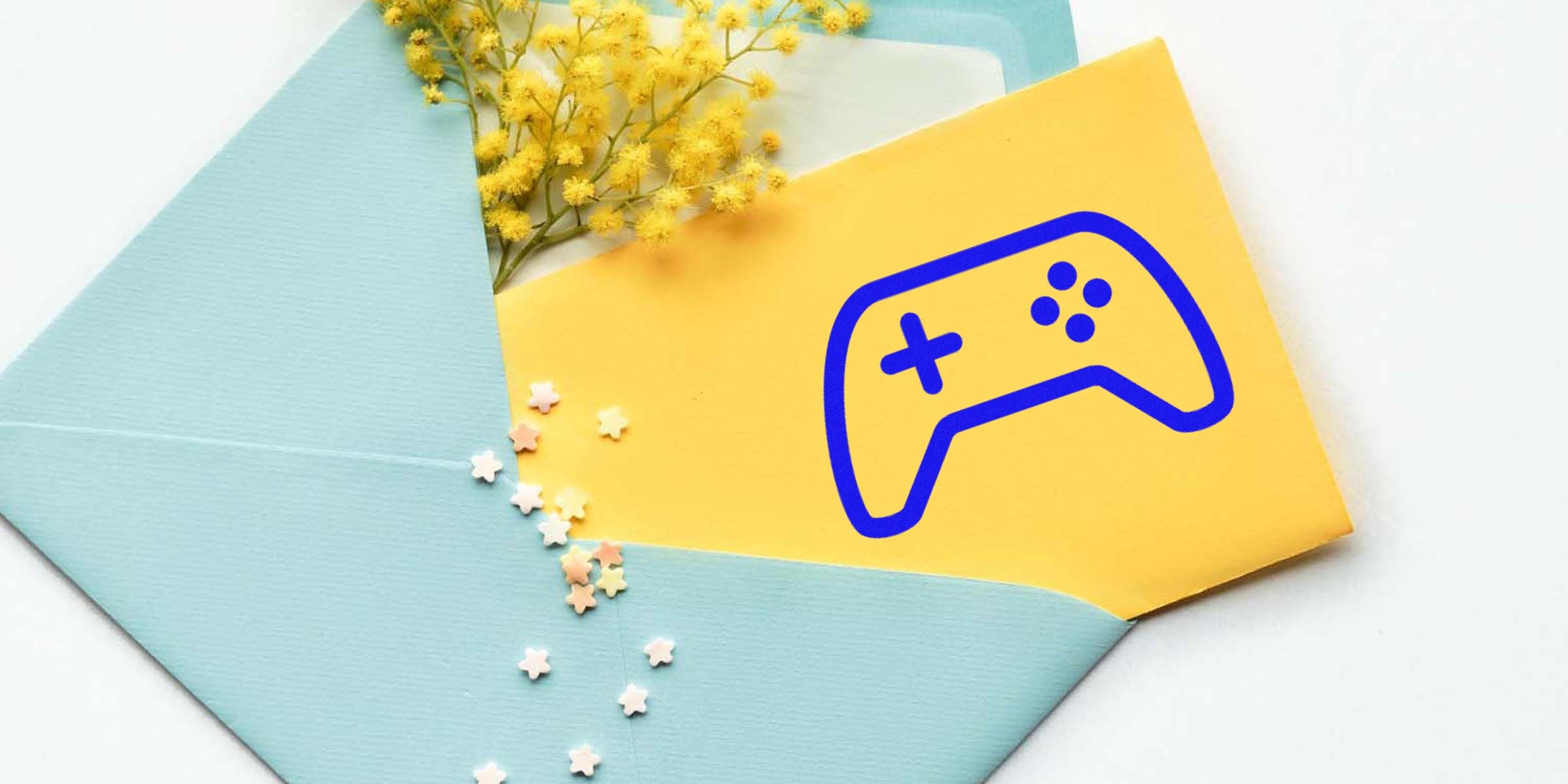 Yellow card with a blue-outlined game controller icon on a pastel blue envelope.