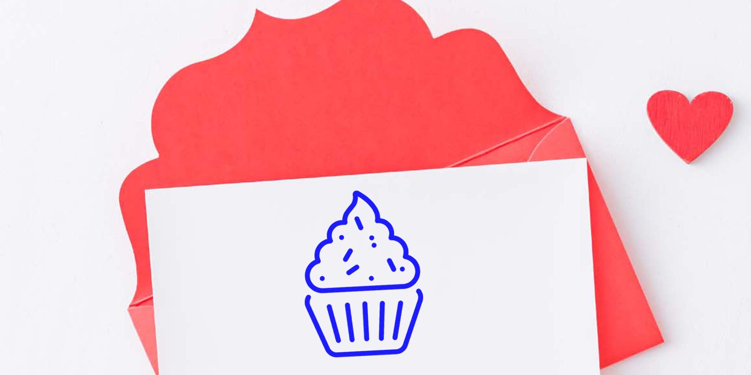 Blue cupcake icon on a white card, with a red envelope and a small red heart in the background.