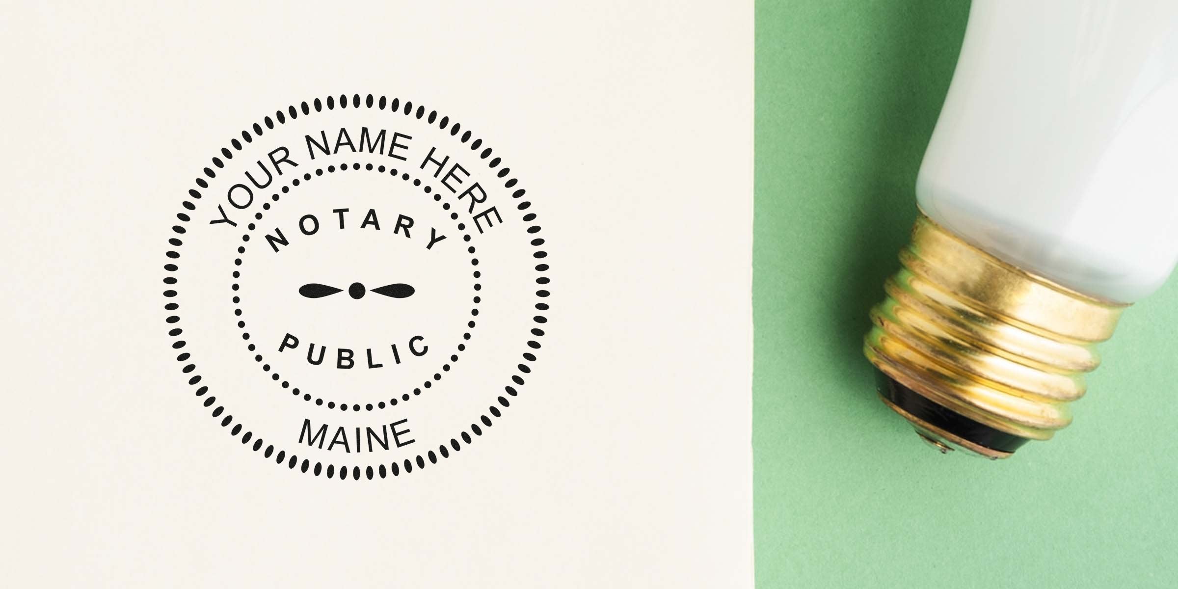 Black circular "Notary Public Maine" stamp mockup on white paper beside a compact fluorescent light bulb with brass screw base on green background