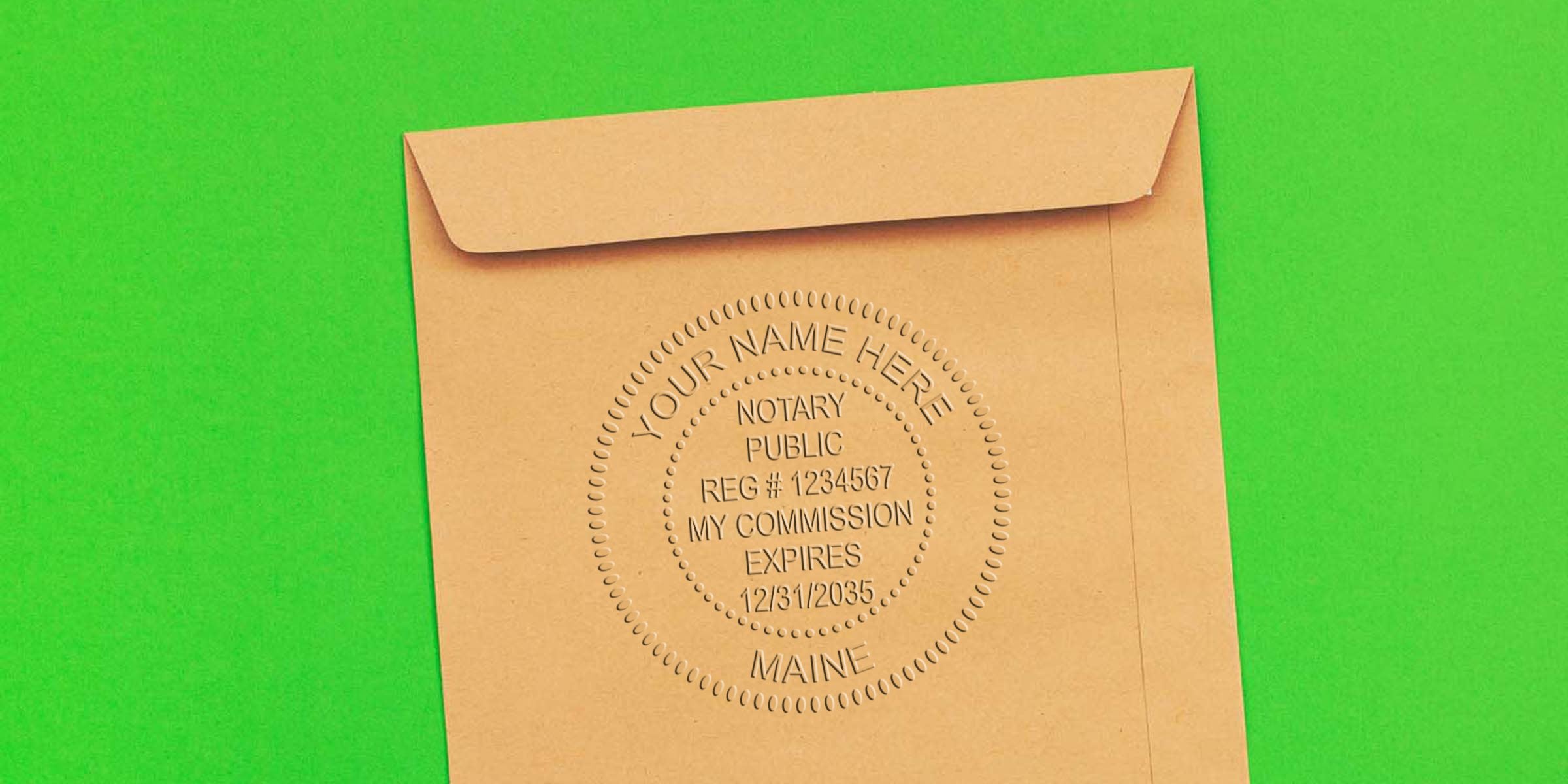 Brown kraft envelope on bright green background with an embossed circular notary public seal reading "Your Name Here, Notary Public, Reg #1234567, My Commission Expires 12/31/2035, Maine."