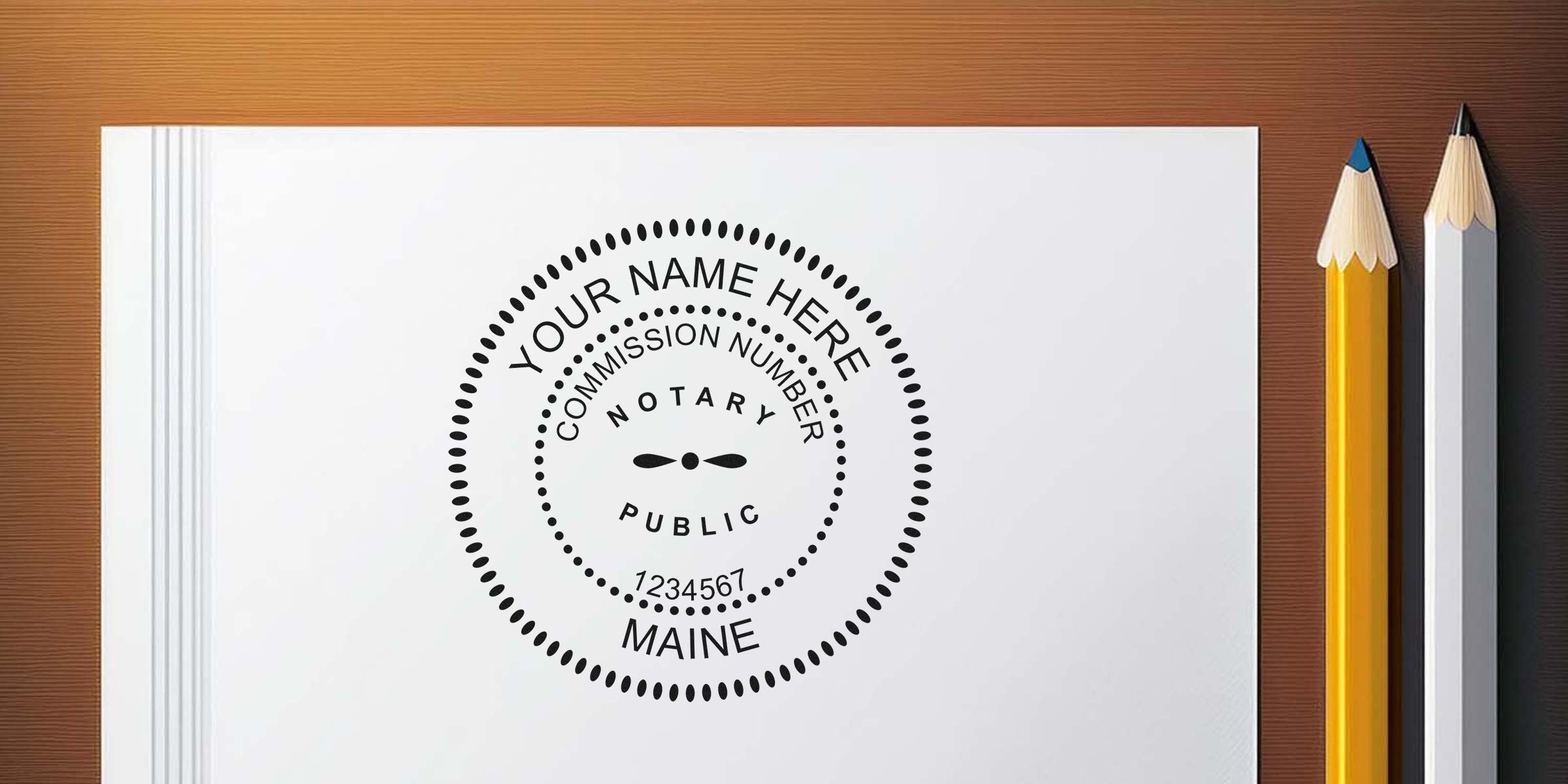 Maine notary public round rubber stamp mockup on white paper with customizable name and commission number, dotted decorative border and center emblem, two pencils beside paper — notary seal for legal documents and branding